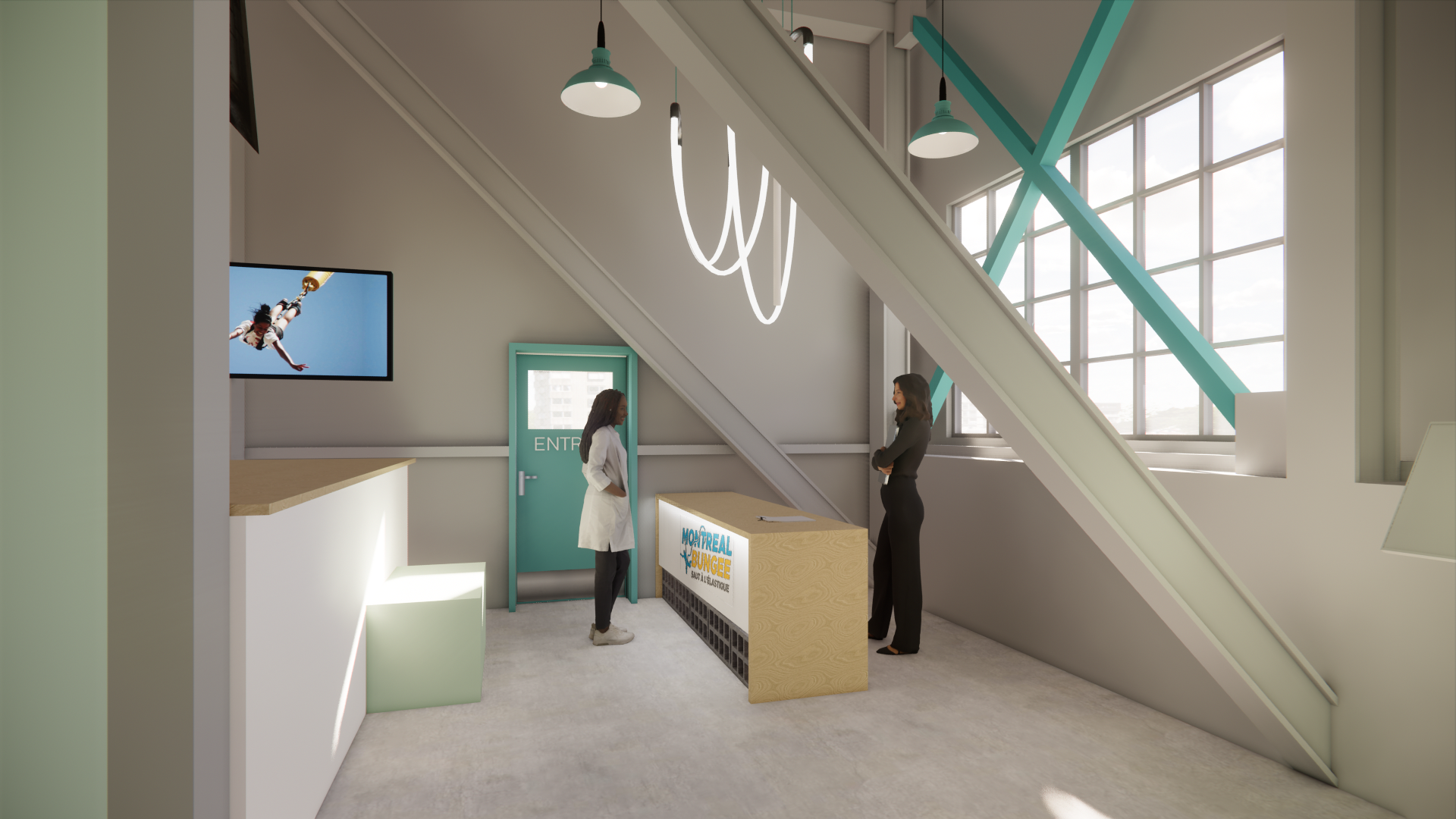 Intérieur avec personnages, comptoir, télévision et touches turquoise.