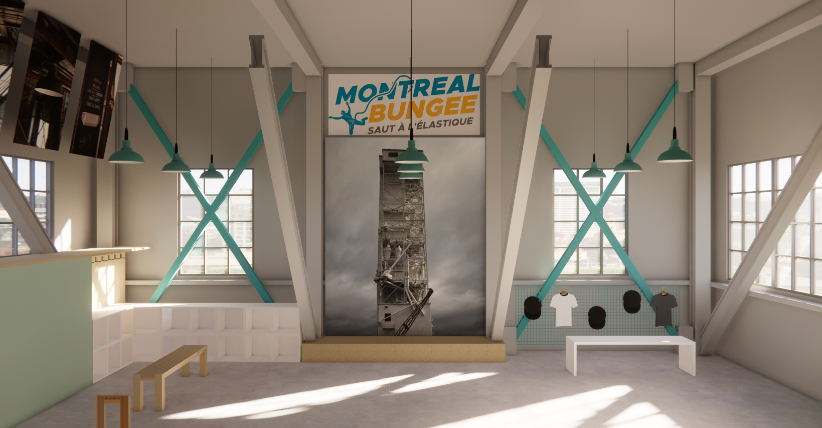 Intérieur du centre de saut à l'élastique de Montréal : structure de saut, signalisation, banc.