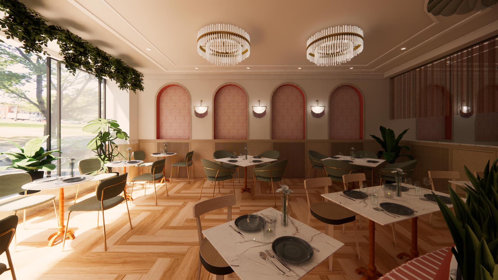 Intérieur de restaurant avec tables, chaises et plantes ; éléments muraux arqués et lustres.