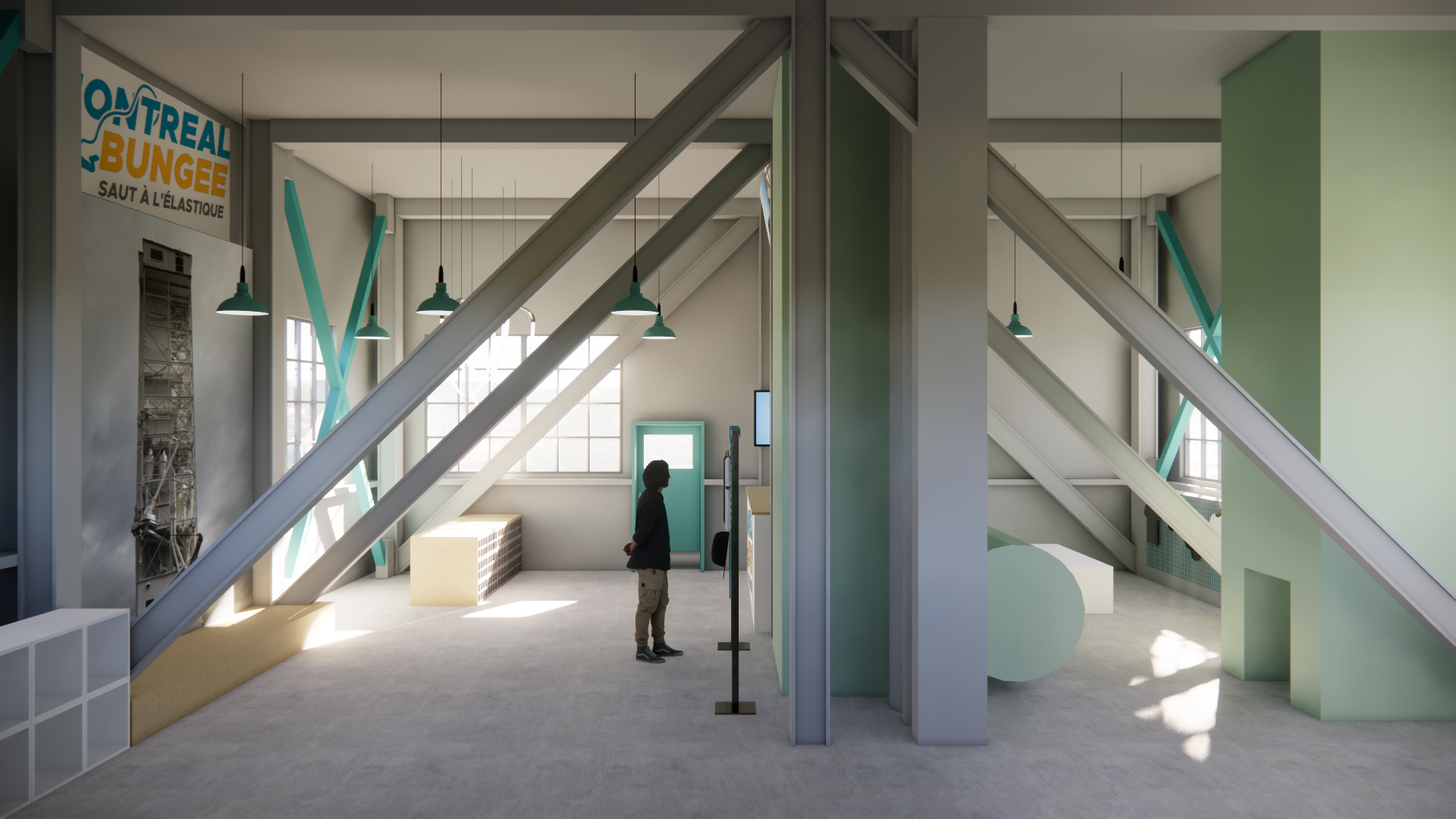 Intérieur d'un bâtiment industriel. Une personne se tient près d'un présentoir, avec des touches de vert clair et de gris.