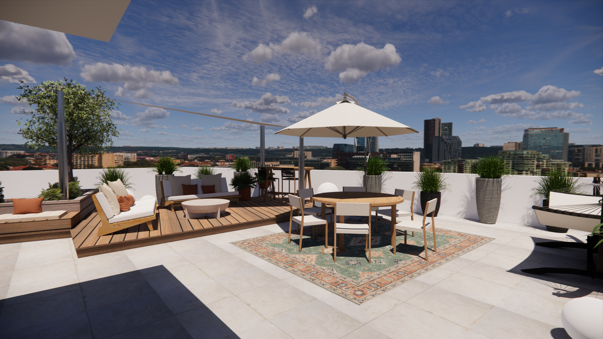 Terrasse sur le toit avec sièges, coin repas et parasol, avec vue sur la ville sous un ciel bleu.