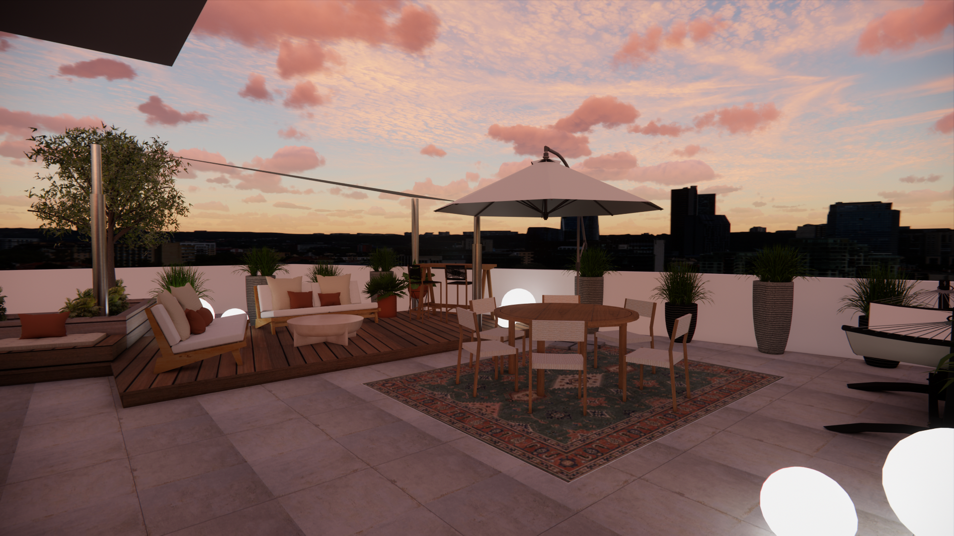 Terrasse sur le toit avec sièges, table et parasol, au coucher du soleil. Vue sur la ville en arrière-plan.