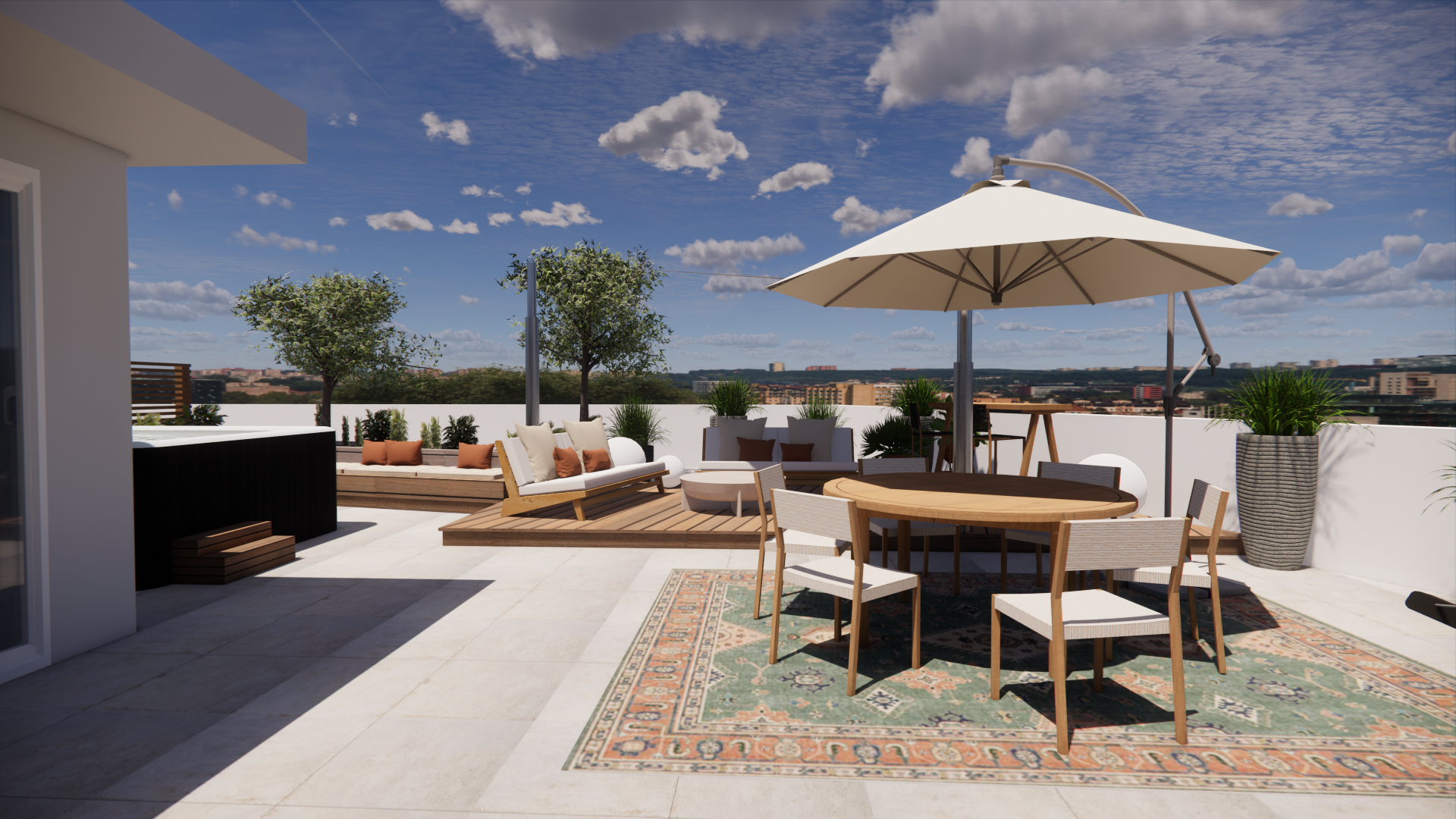 Terrasse sur le toit aménagée : parasol blanc, coins salon, table à manger, arbres et vue sur la ville sous un ciel bleu.