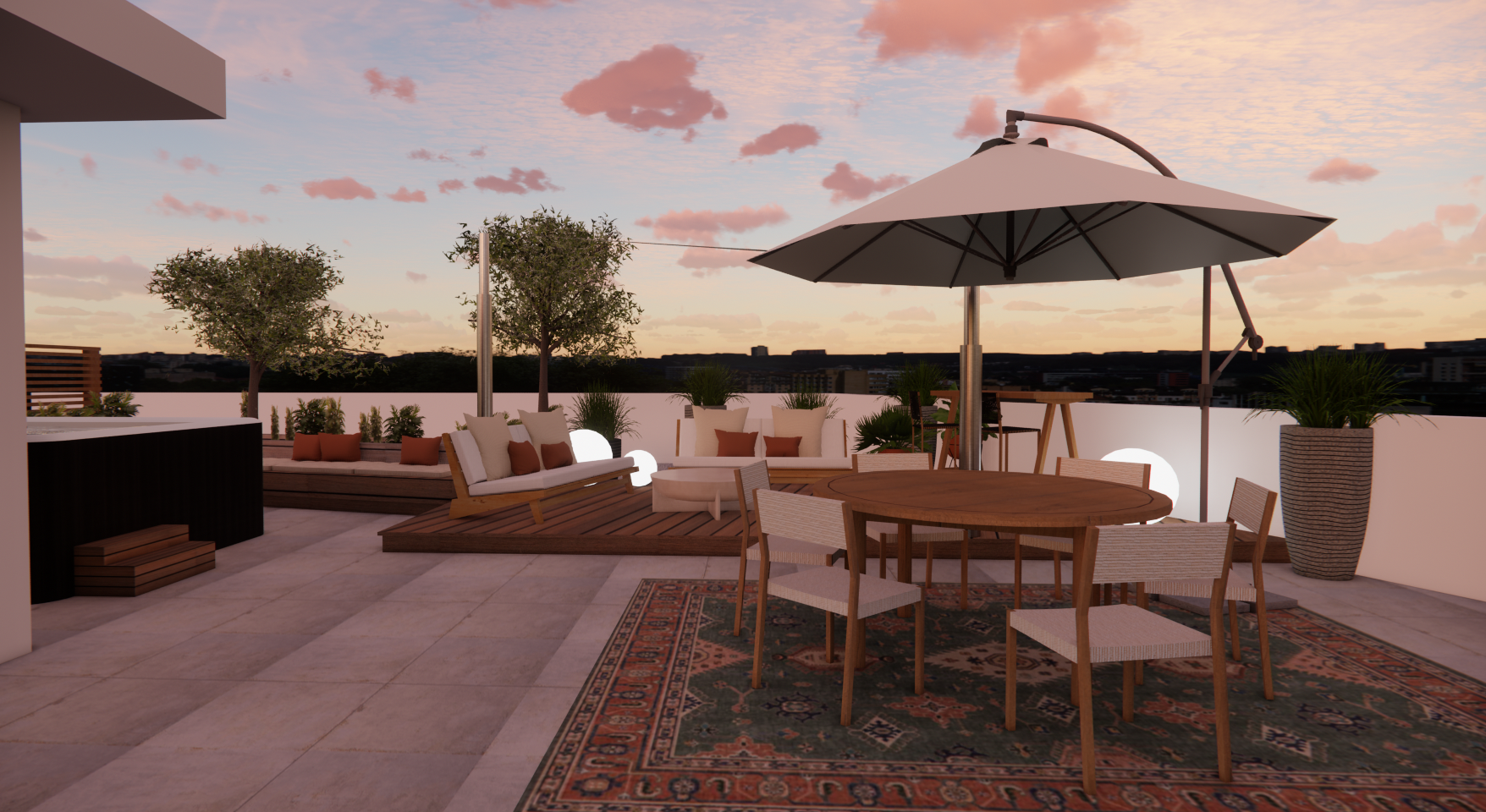 Terrasse sur le toit avec sièges, coin repas et parasol, avec en toile de fond un ciel au coucher du soleil.
