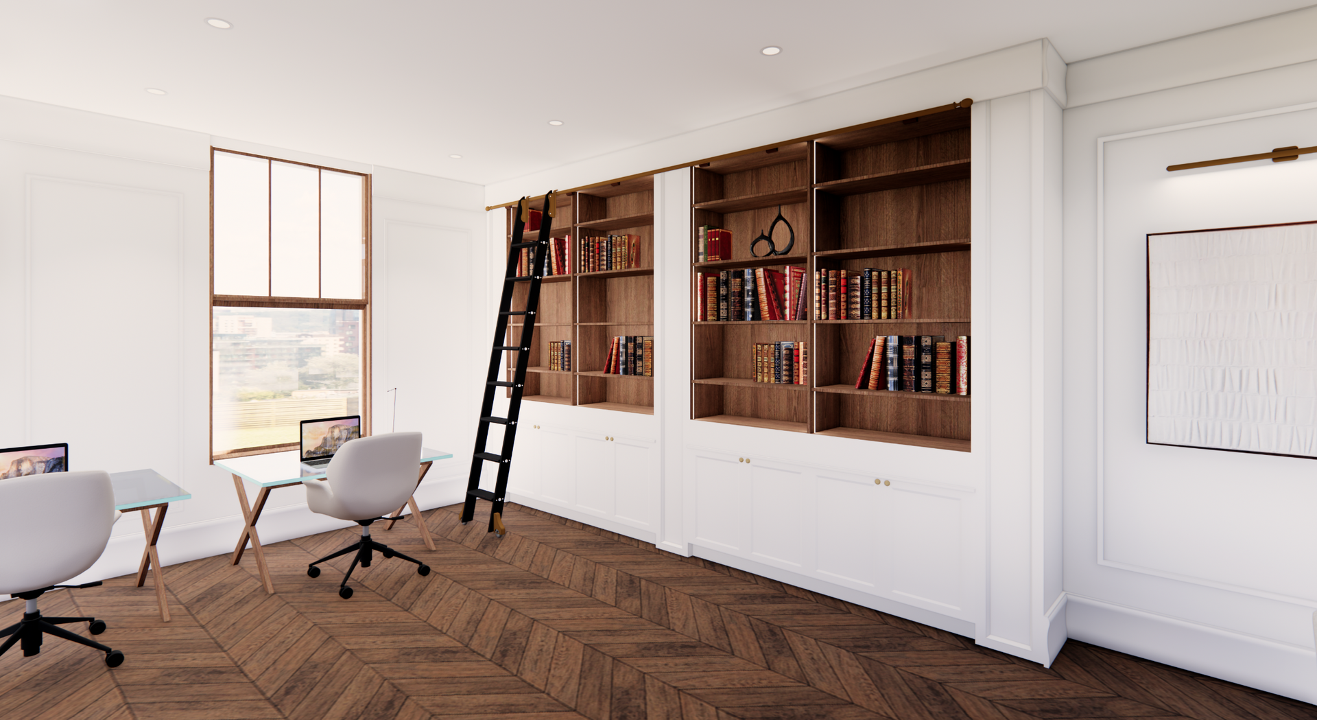 Bureau avec bibliothèque intégrée, bureau avec chaise et fenêtre. Une échelle est appuyée contre les livres.
