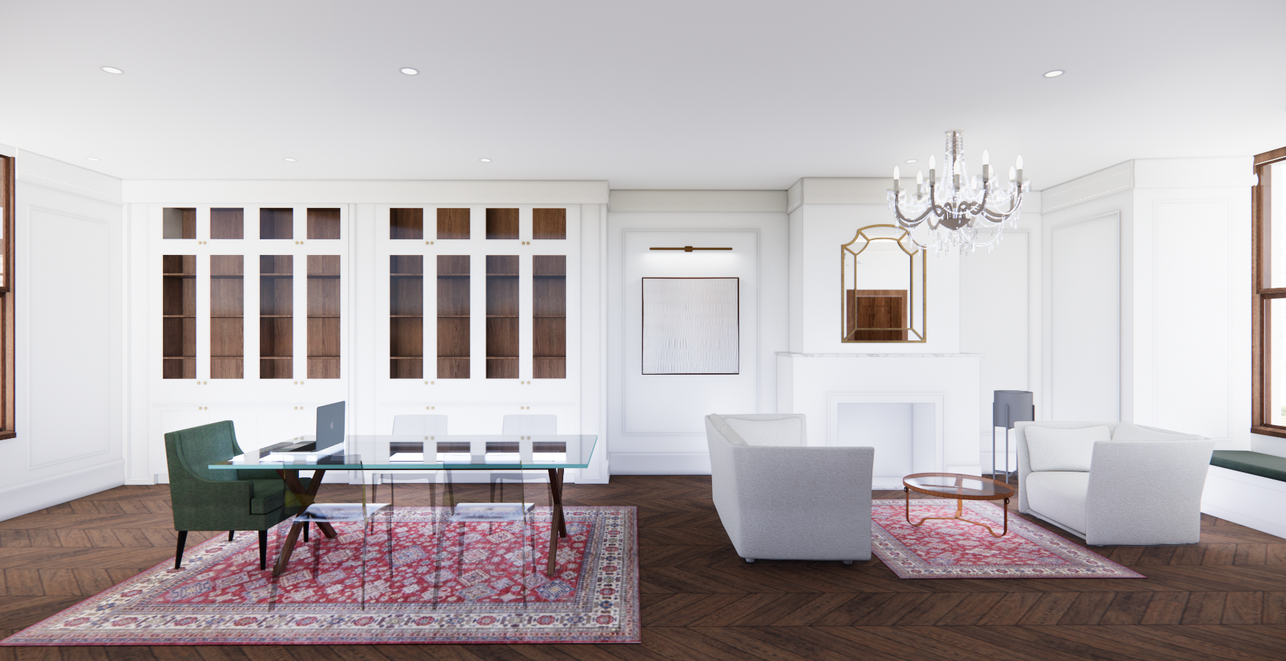 Intérieur de bureau élégant avec bureau, chaises, tapis, cheminée et lustre.