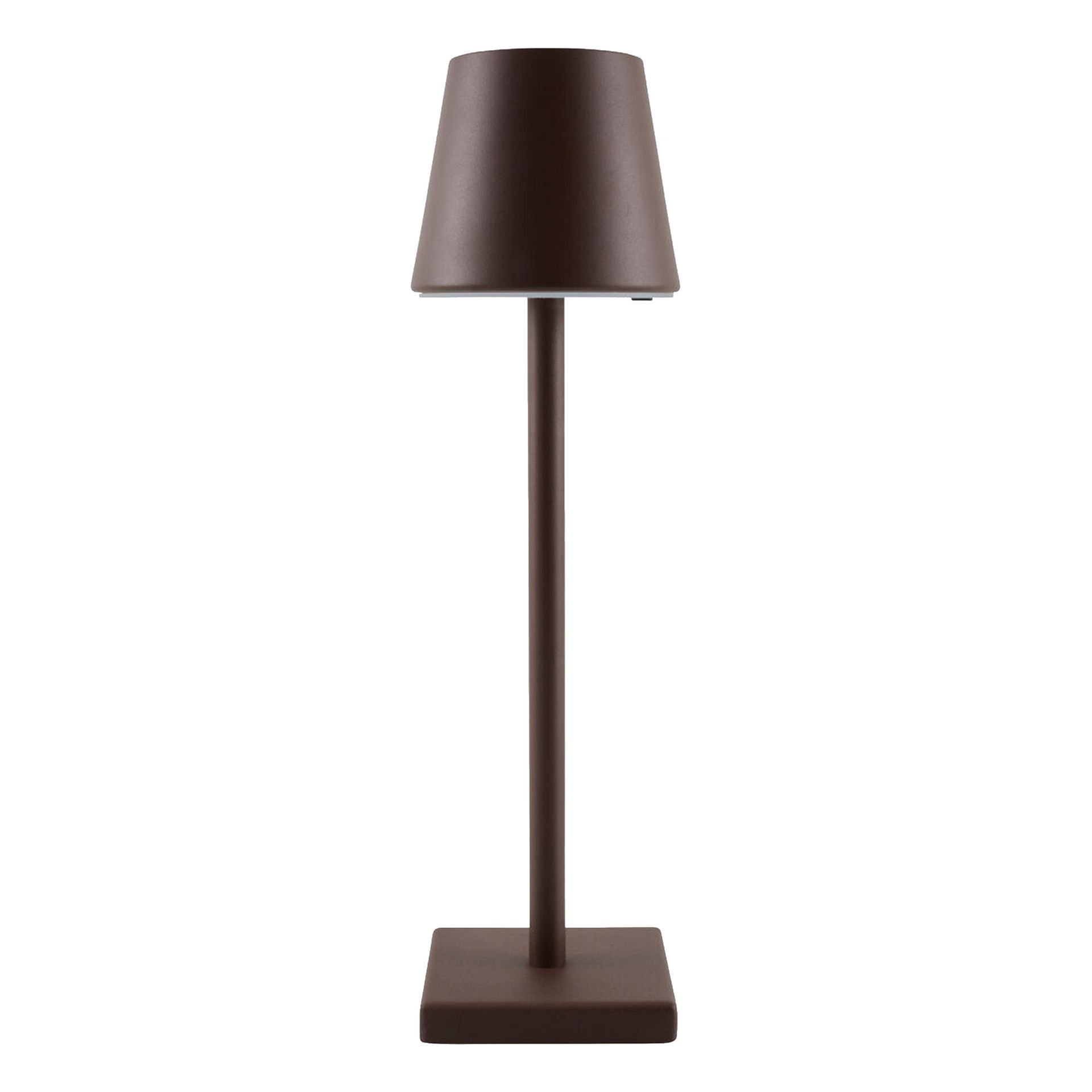 Lampe de table en métal brun avec une base carrée, une tige cylindrique et un abat-jour conique.
