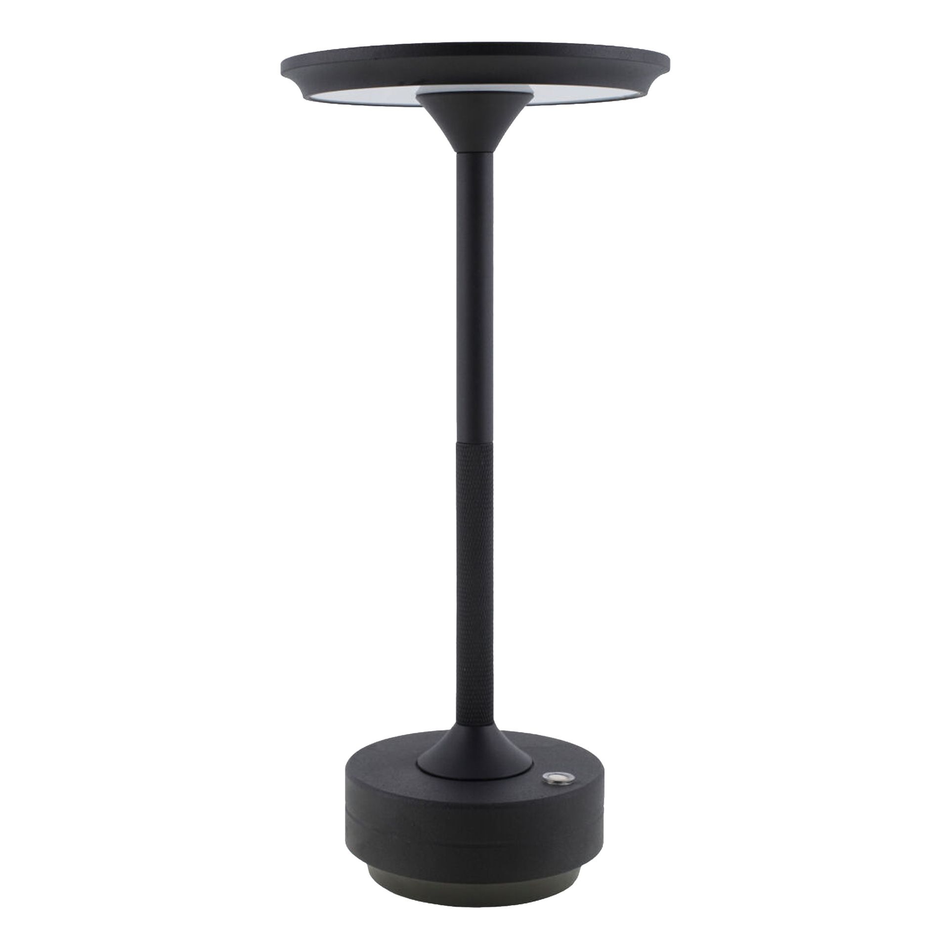 Lampe de table noire avec un abat-jour et un pied ronds.