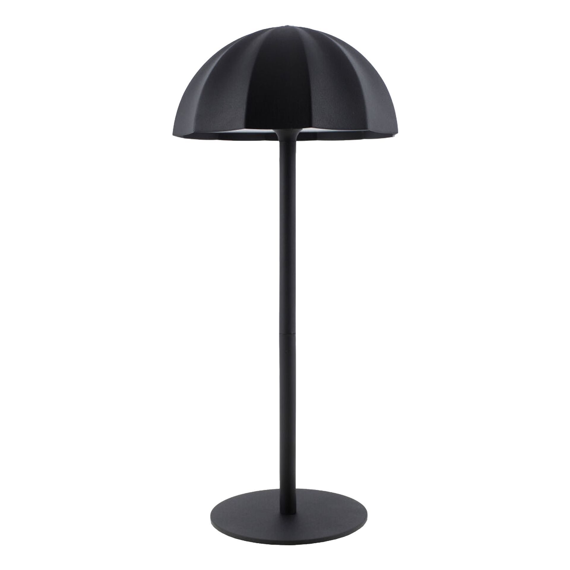 Lampe de table noire en forme de parapluie, avec une base ronde et une tige haute et fine.