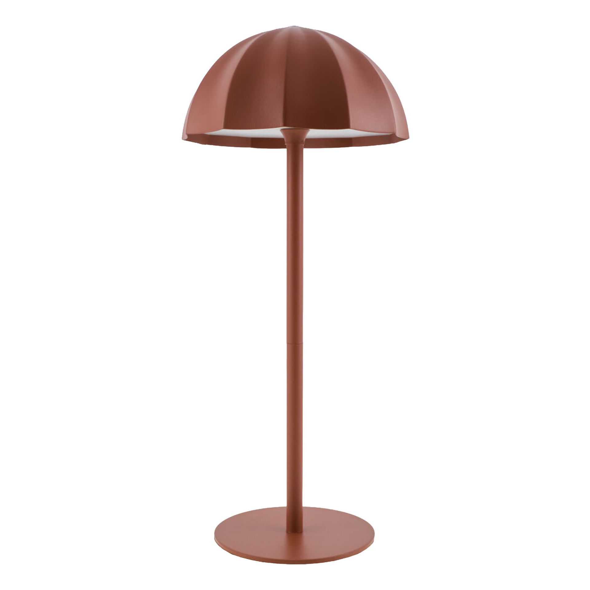 Lampe de table marron en forme de parapluie, avec un pied haut et une base ronde.