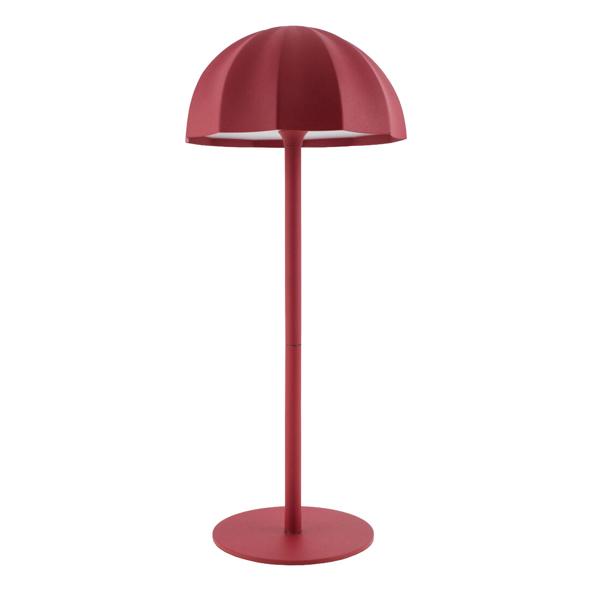 Lampadaire rouge avec un abat-jour côtelé en forme de dôme et une base circulaire.