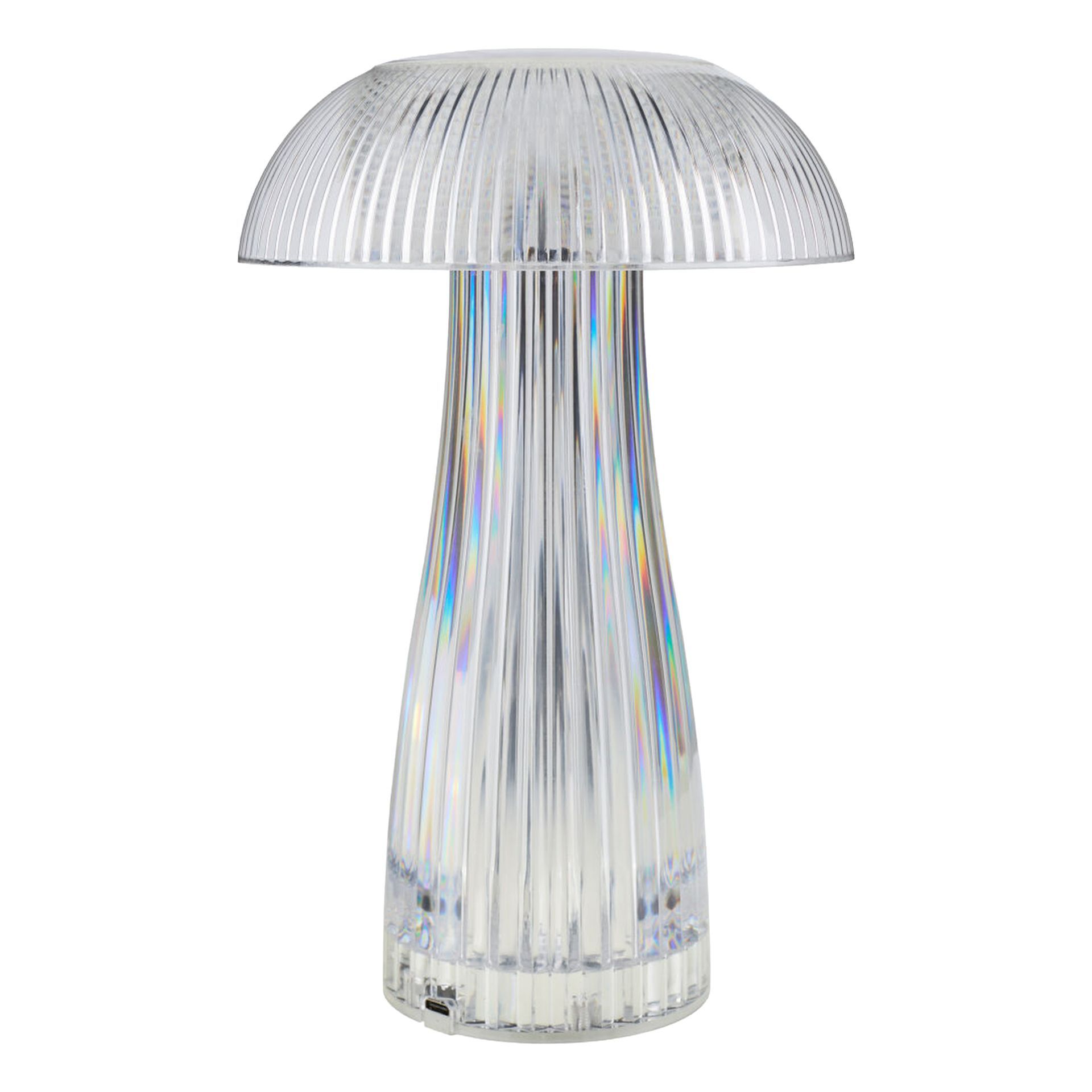 Lampe de table transparente en forme de champignon, avec abat-jour et base rainurés, lumière blanche.