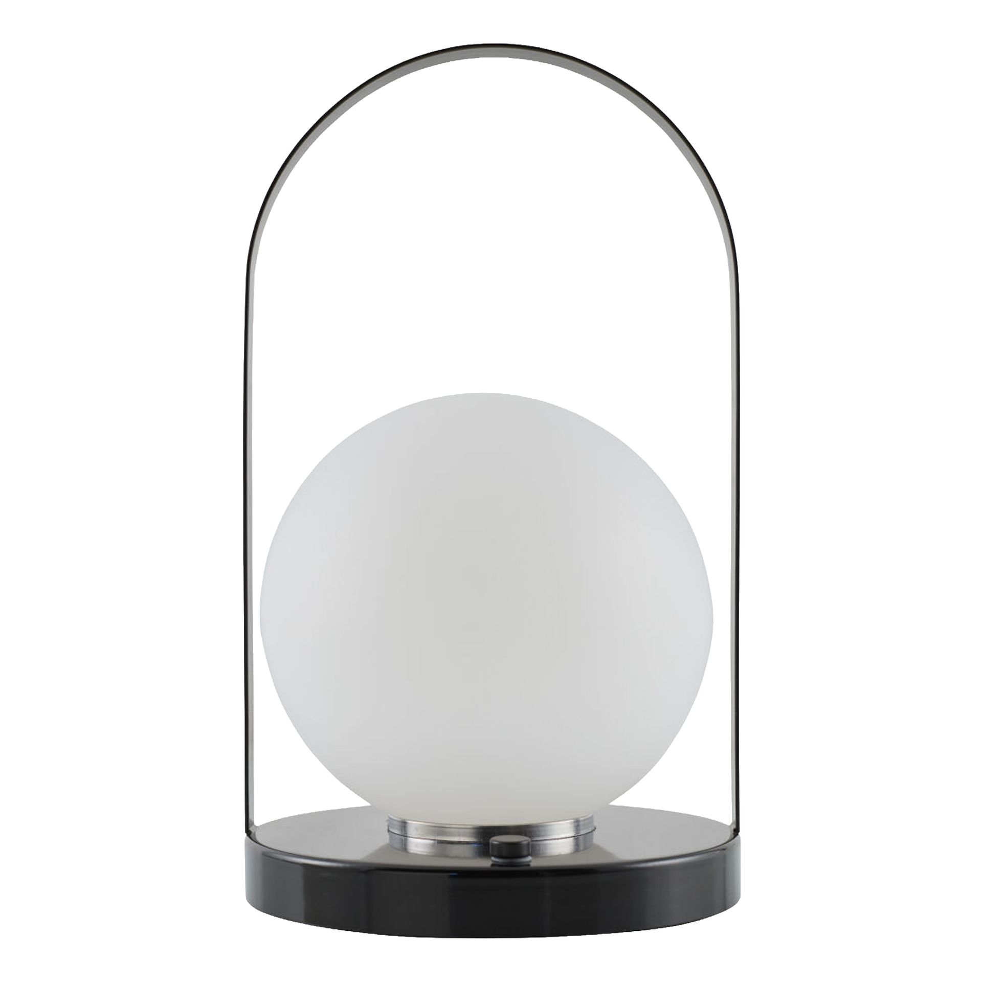 Lampe de bureau noire et argentée avec un globe lumineux blanc et une poignée incurvée.