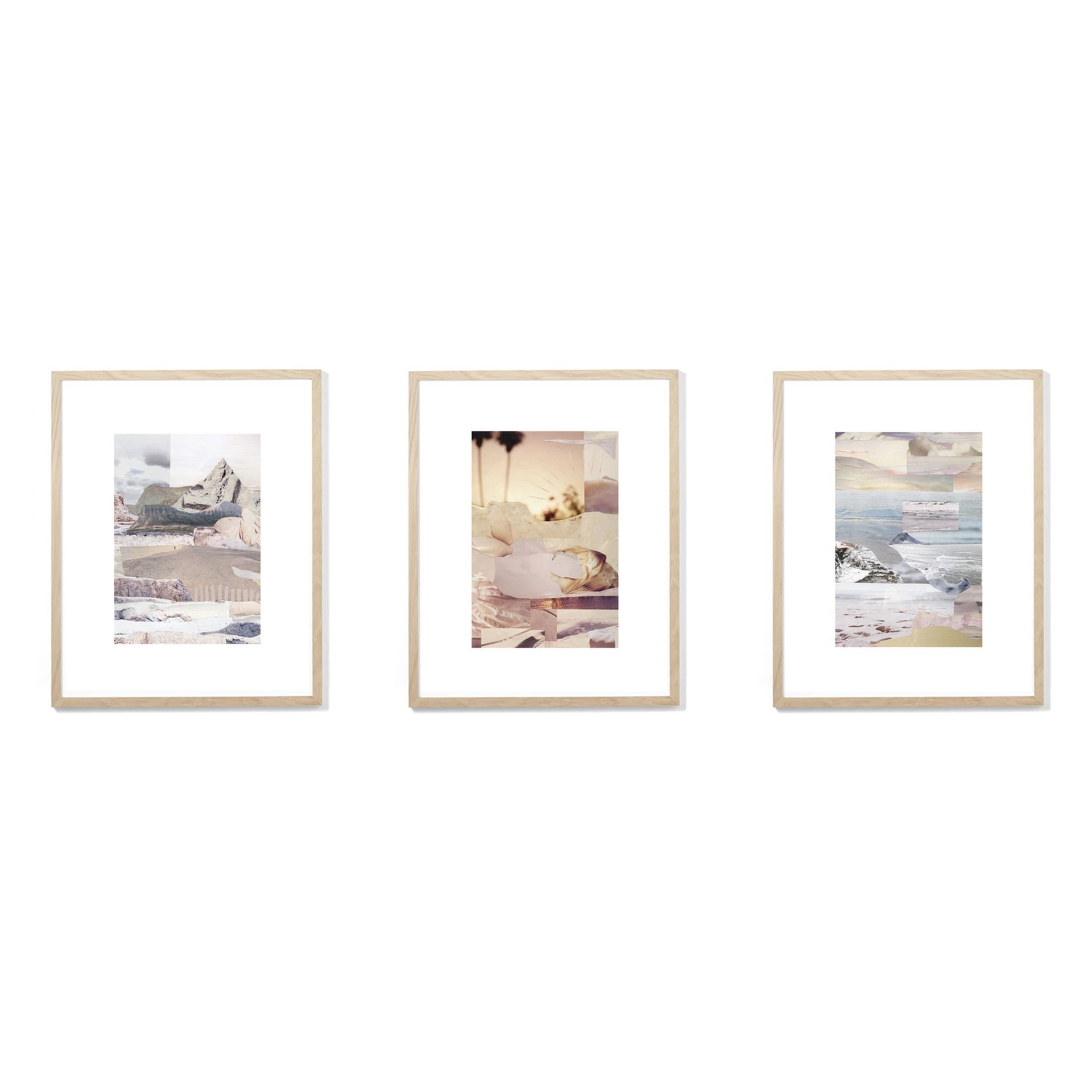 Trois reproductions d'art encadrées représentant des scènes de plage abstraites.