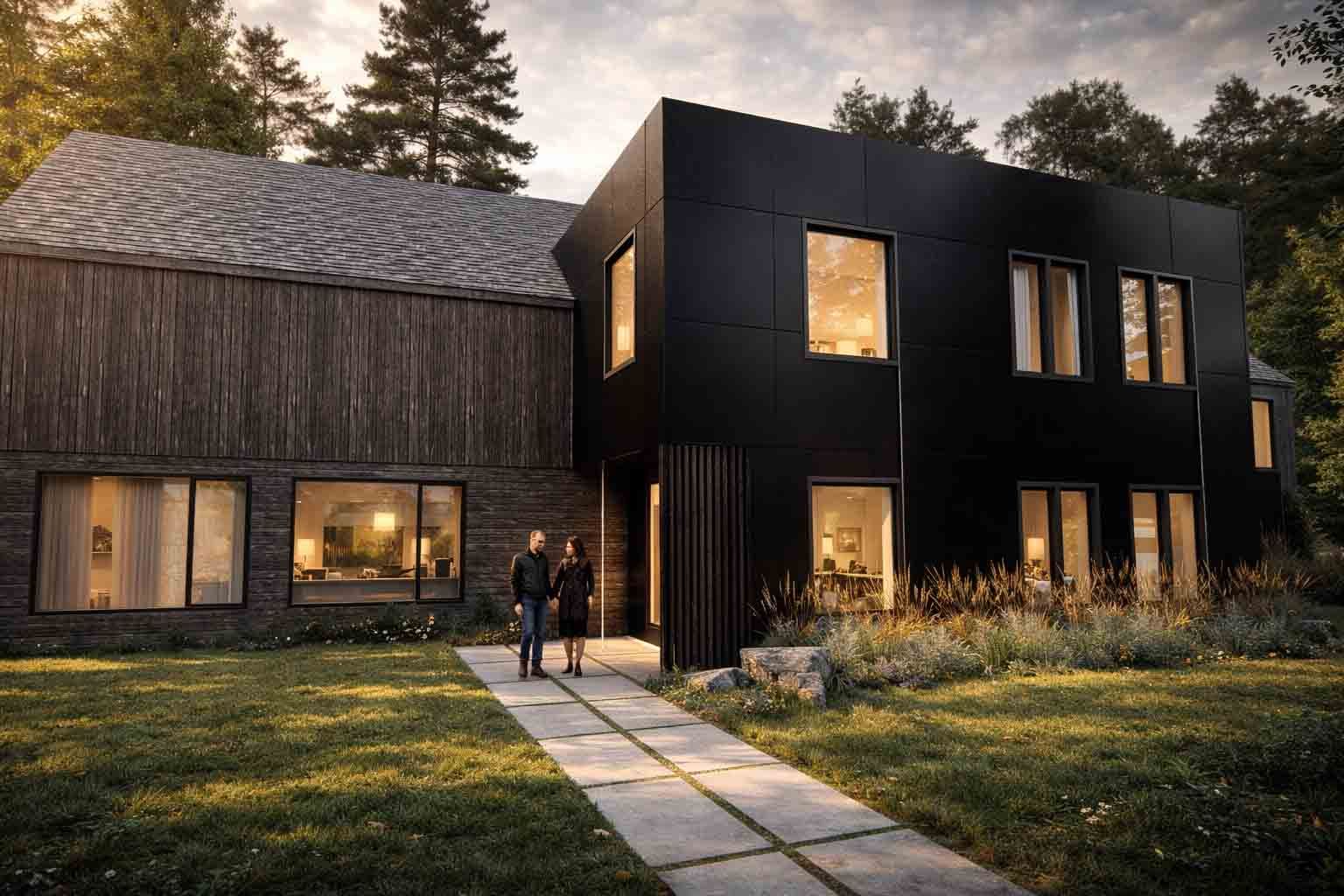 Modern house with dark wood and black exterior, lit windows, and two people on a stone path at dusk