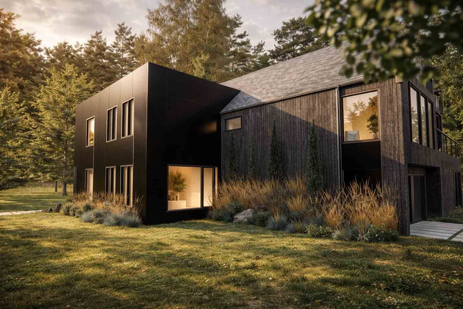 Maison noire moderne avec de grandes fenêtres dans un paysage boisé au coucher du soleil