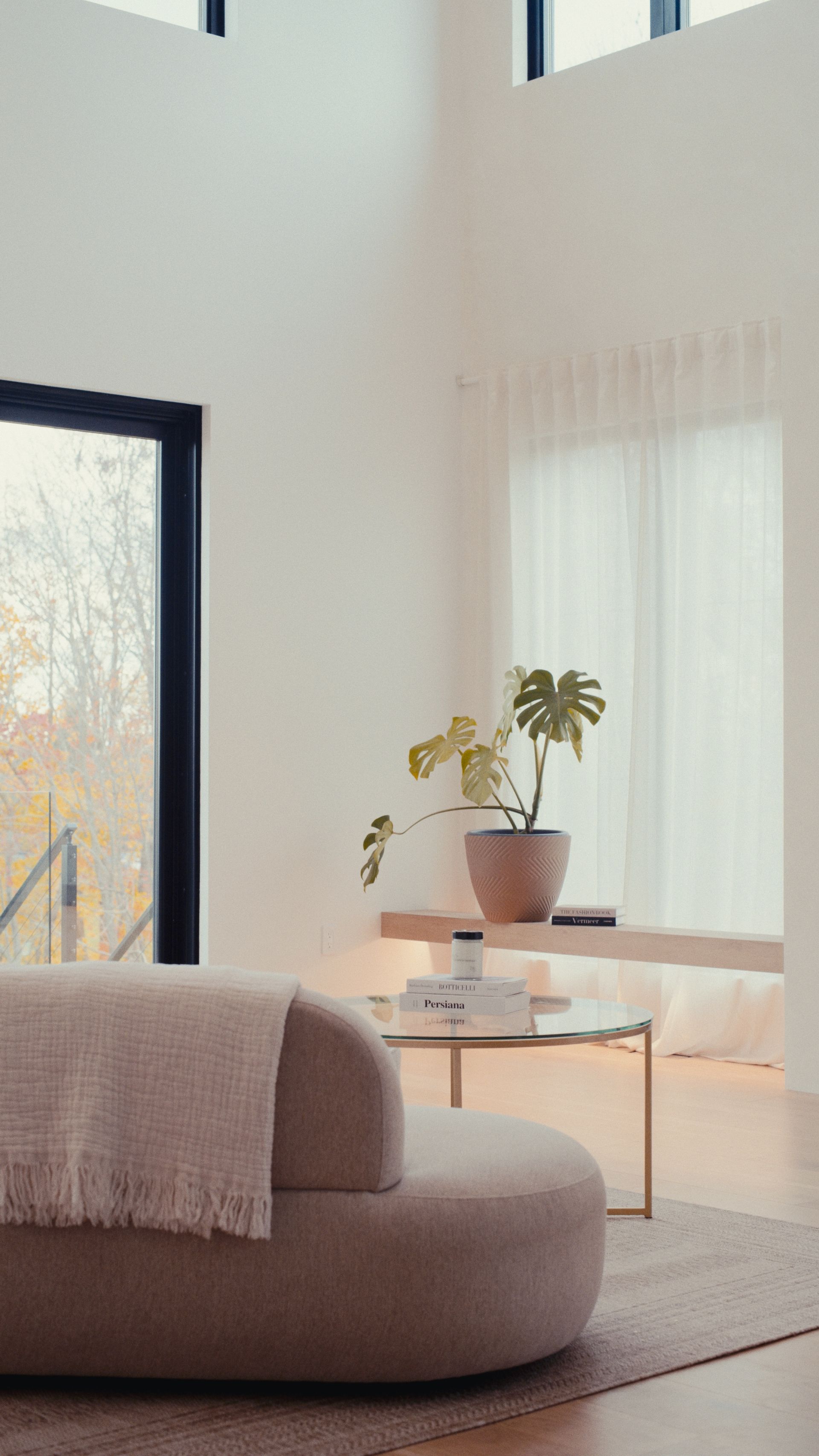 Salon moderne aux couleurs neutres, avec un canapé incurvé et une plante en pot.
