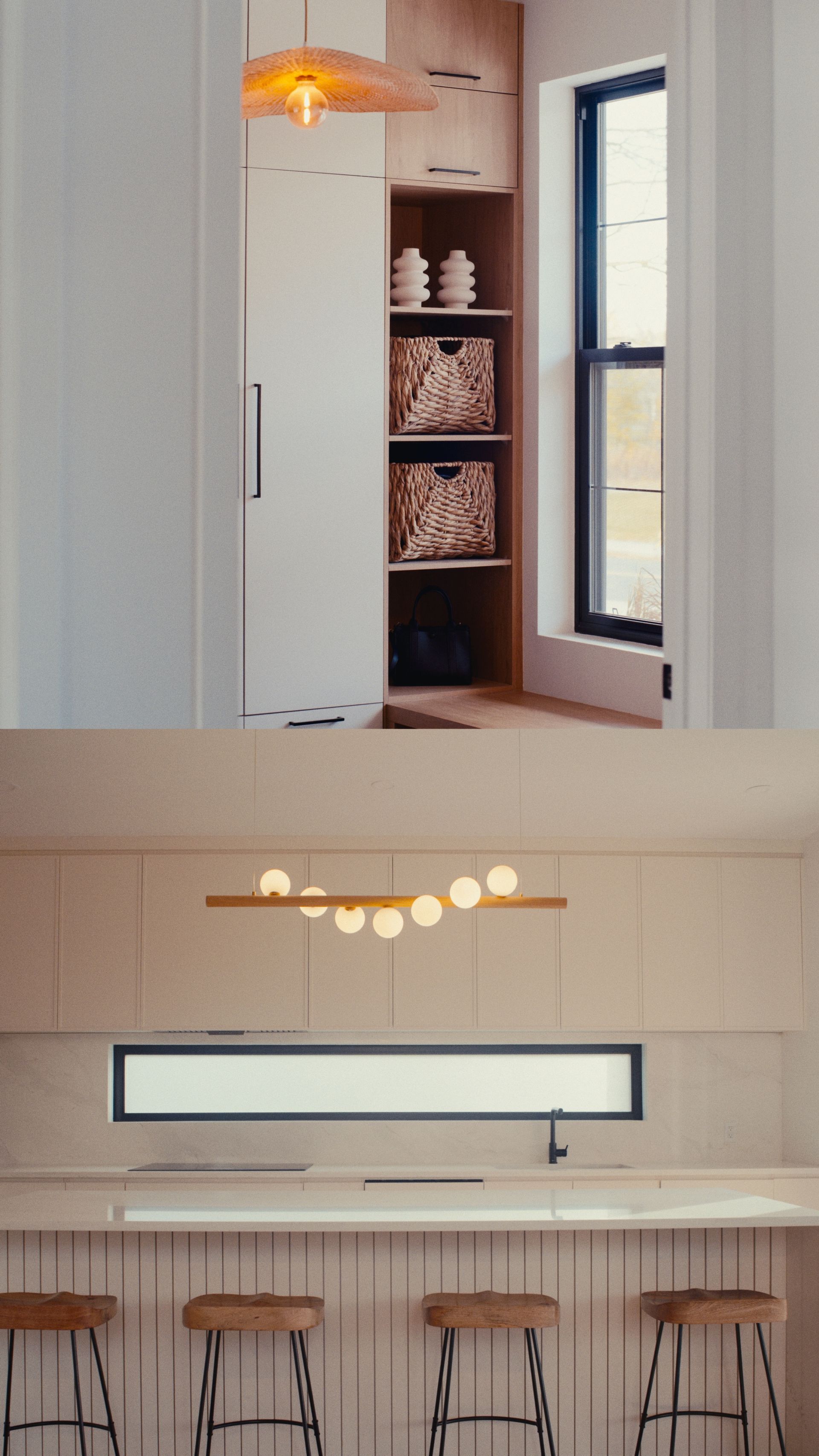 En haut : Coin rangement étroit avec étagères et paniers près d’une fenêtre. En bas : Cuisine avec luminaire, comptoir et tabourets.