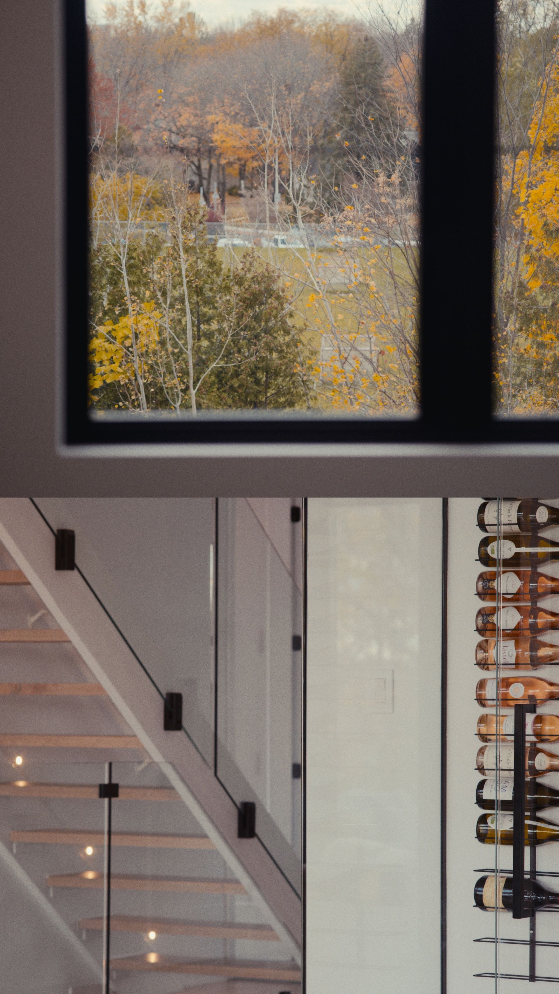 Vue sur les arbres d'automne depuis la fenêtre et intérieur moderne avec escalier et casier à vin.