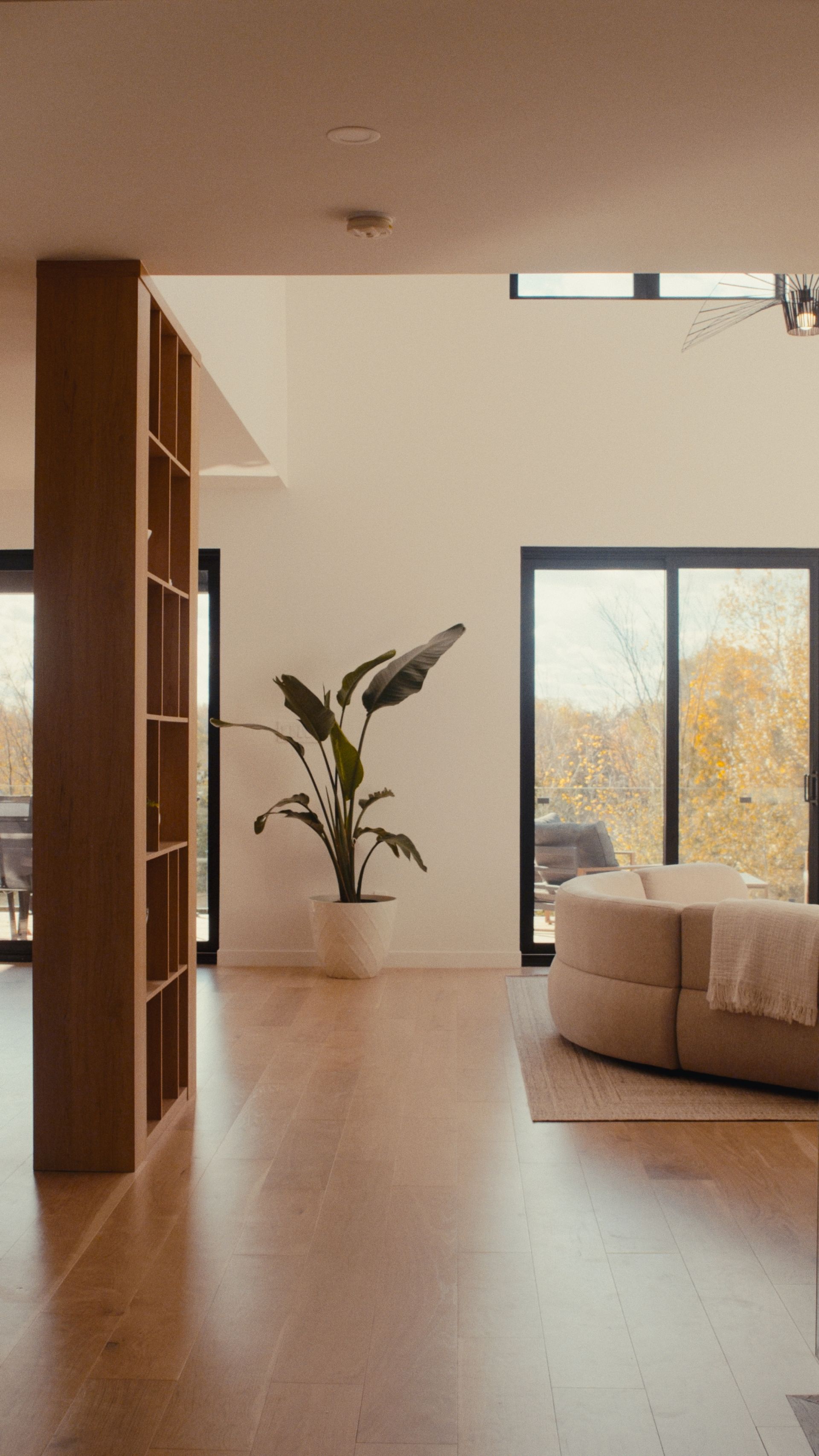 Salon moderne avec parquet, grande plante, étagères intégrées et grandes fenêtres donnant sur un paysage d'automne.
