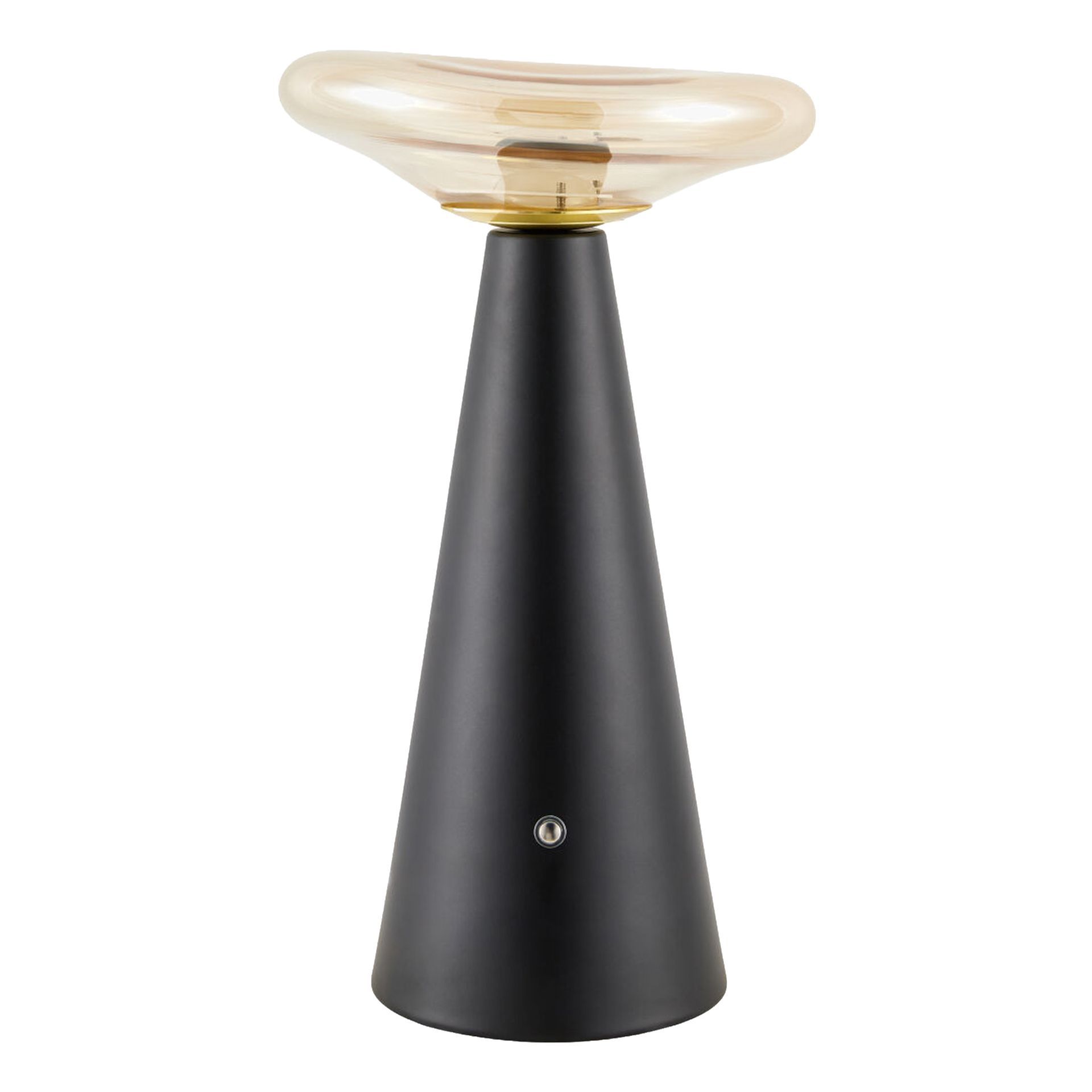 Lampe de table conique noire avec une ampoule dorée de forme irrégulière sur le dessus.