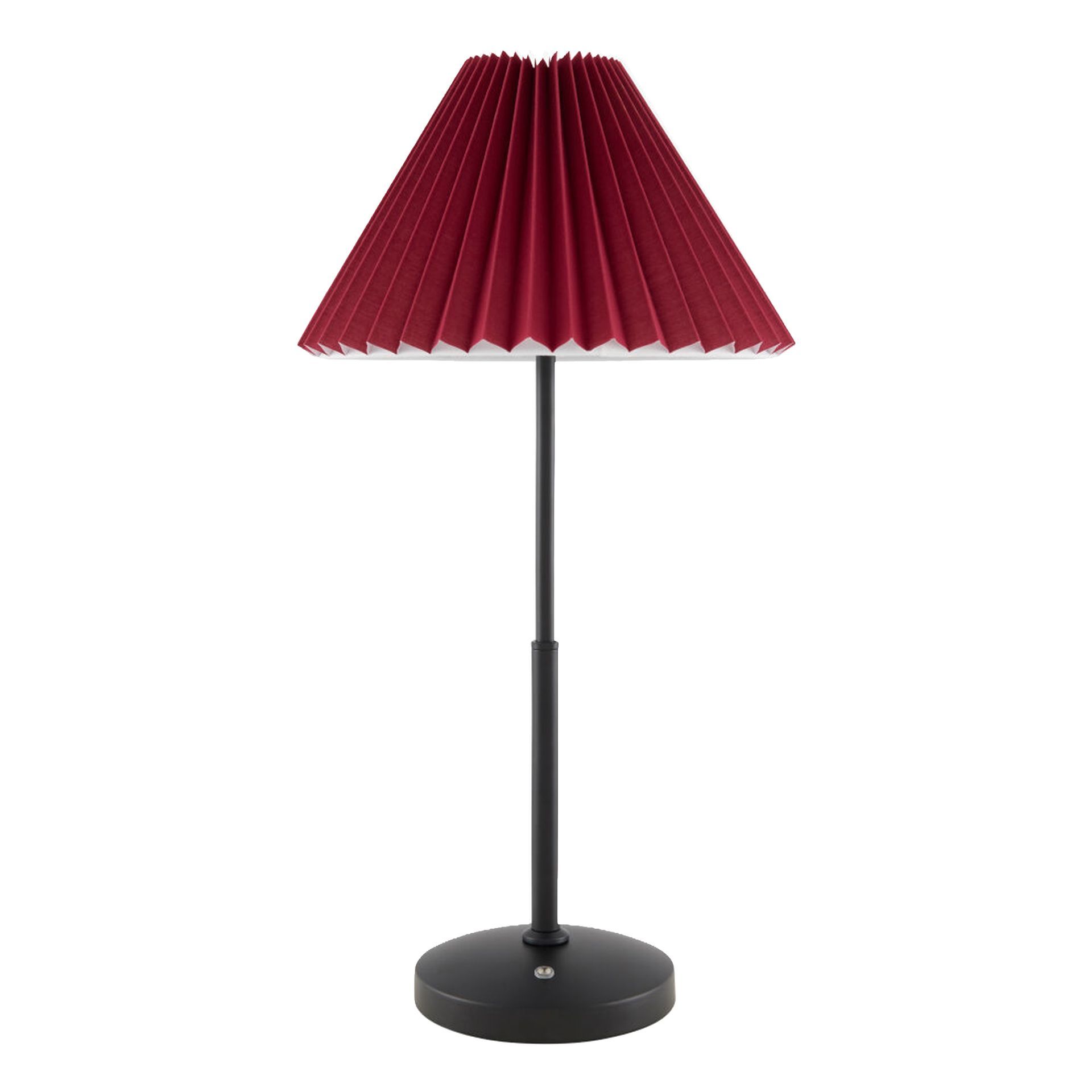 Abat-jour plissé rouge sur un pied de lampe en métal noir.