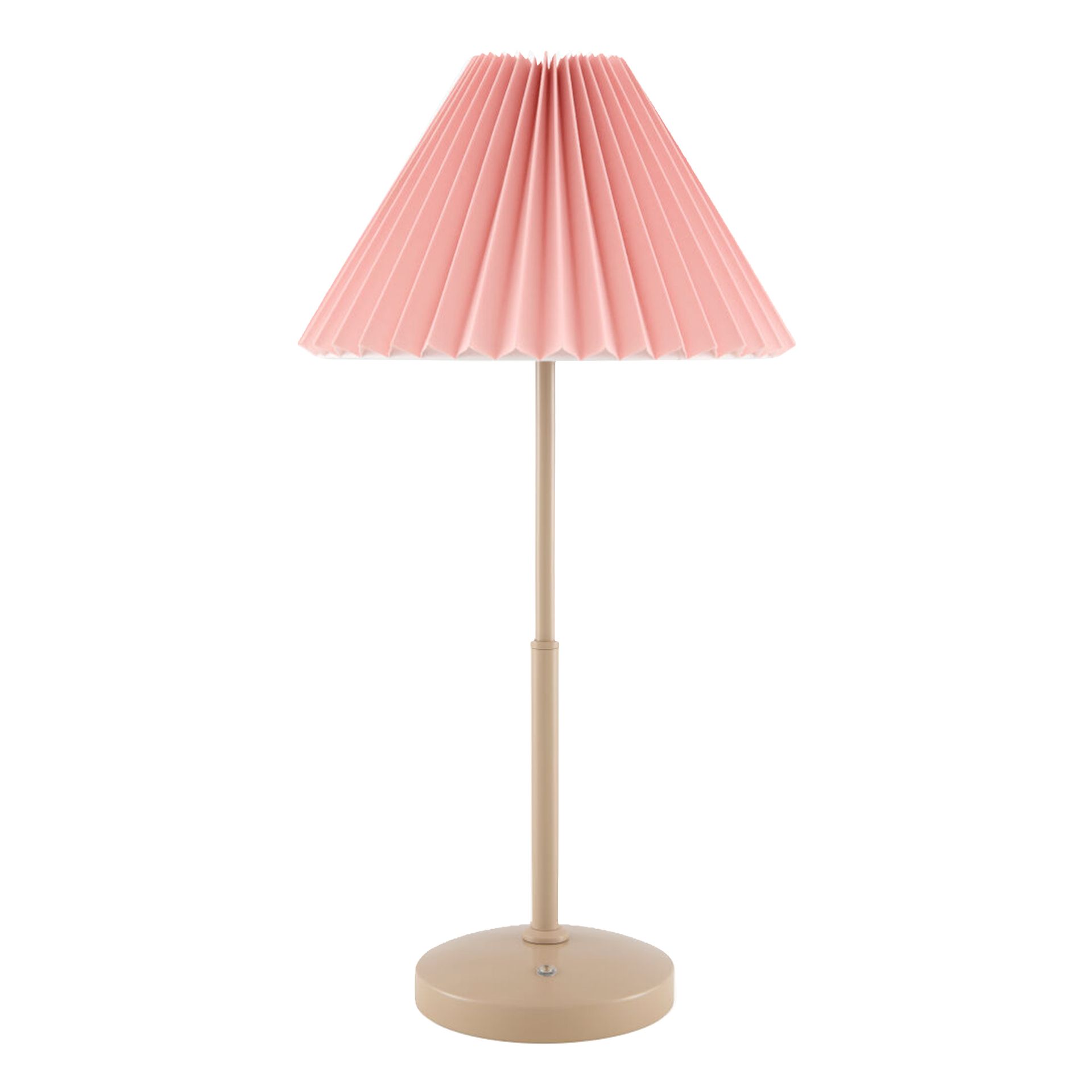Abat-jour plissé rose sur un pied et une tige de lampe beiges.