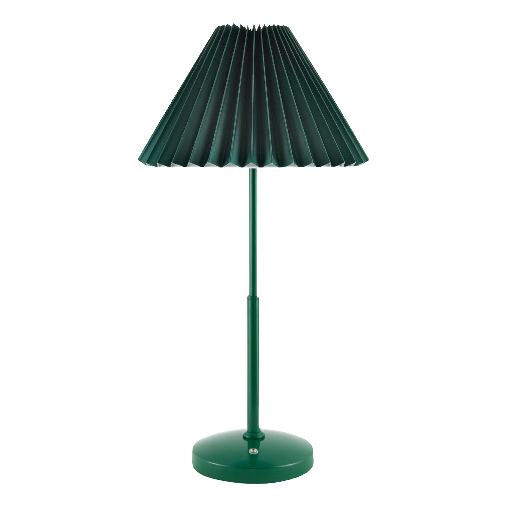 Lampe de table verte avec abat-jour plissé et base ronde.