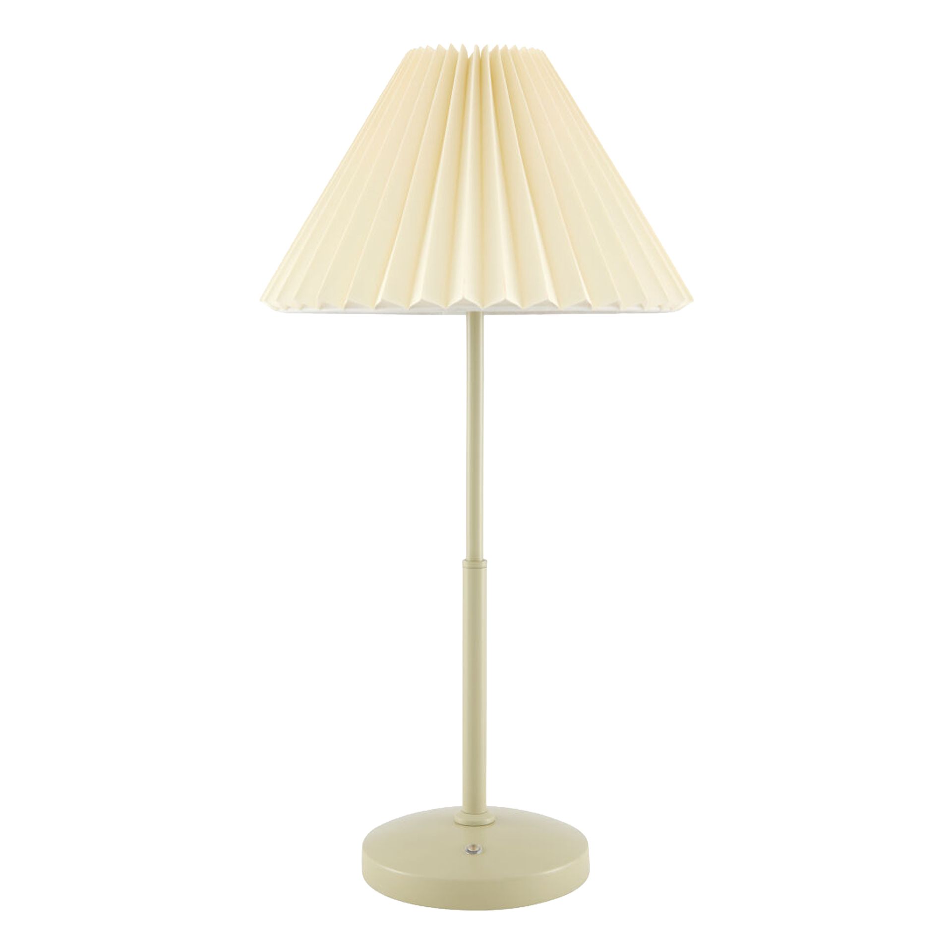 Lampe de table beige avec abat-jour plissé sur un socle rond.