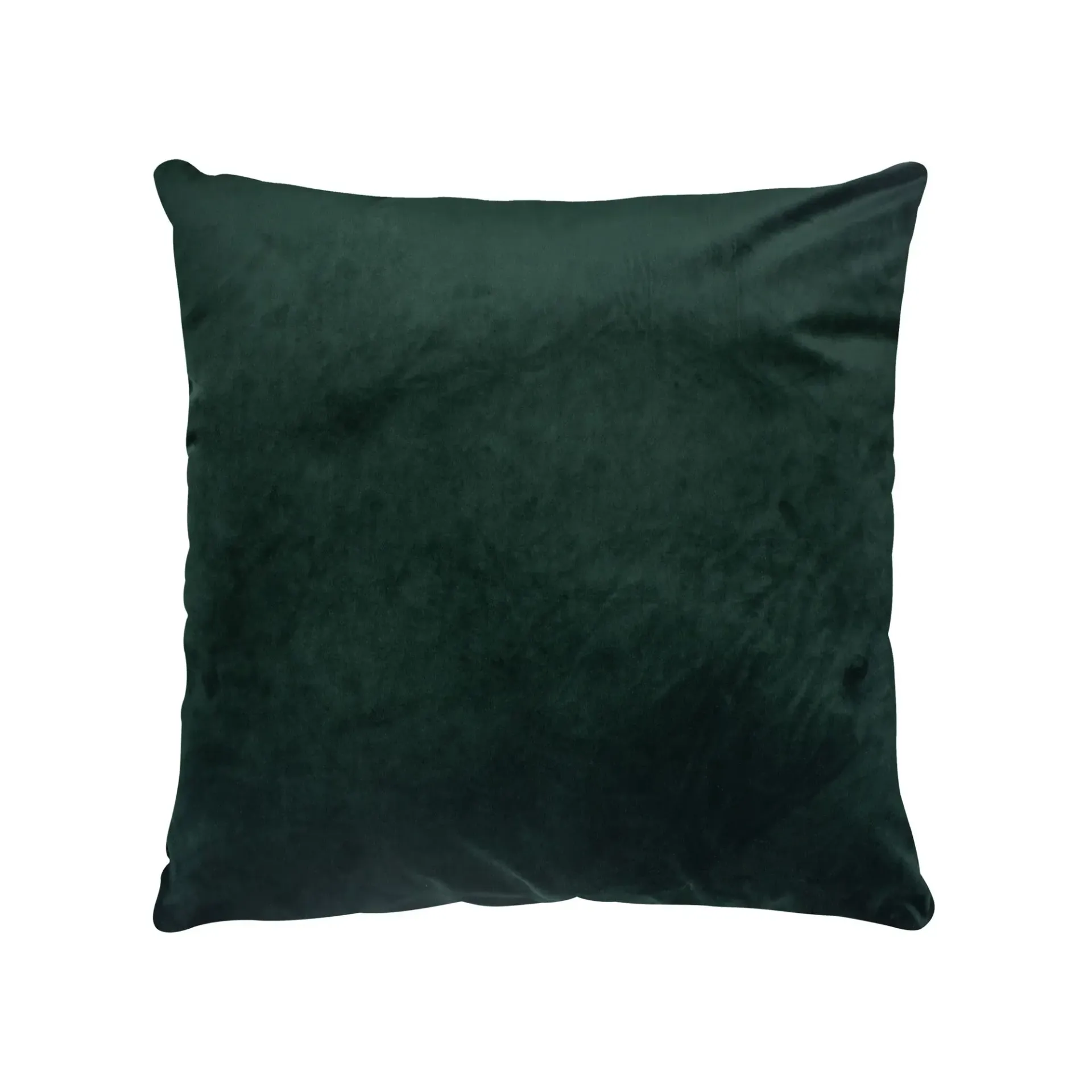 Coussin carré en velours vert foncé.