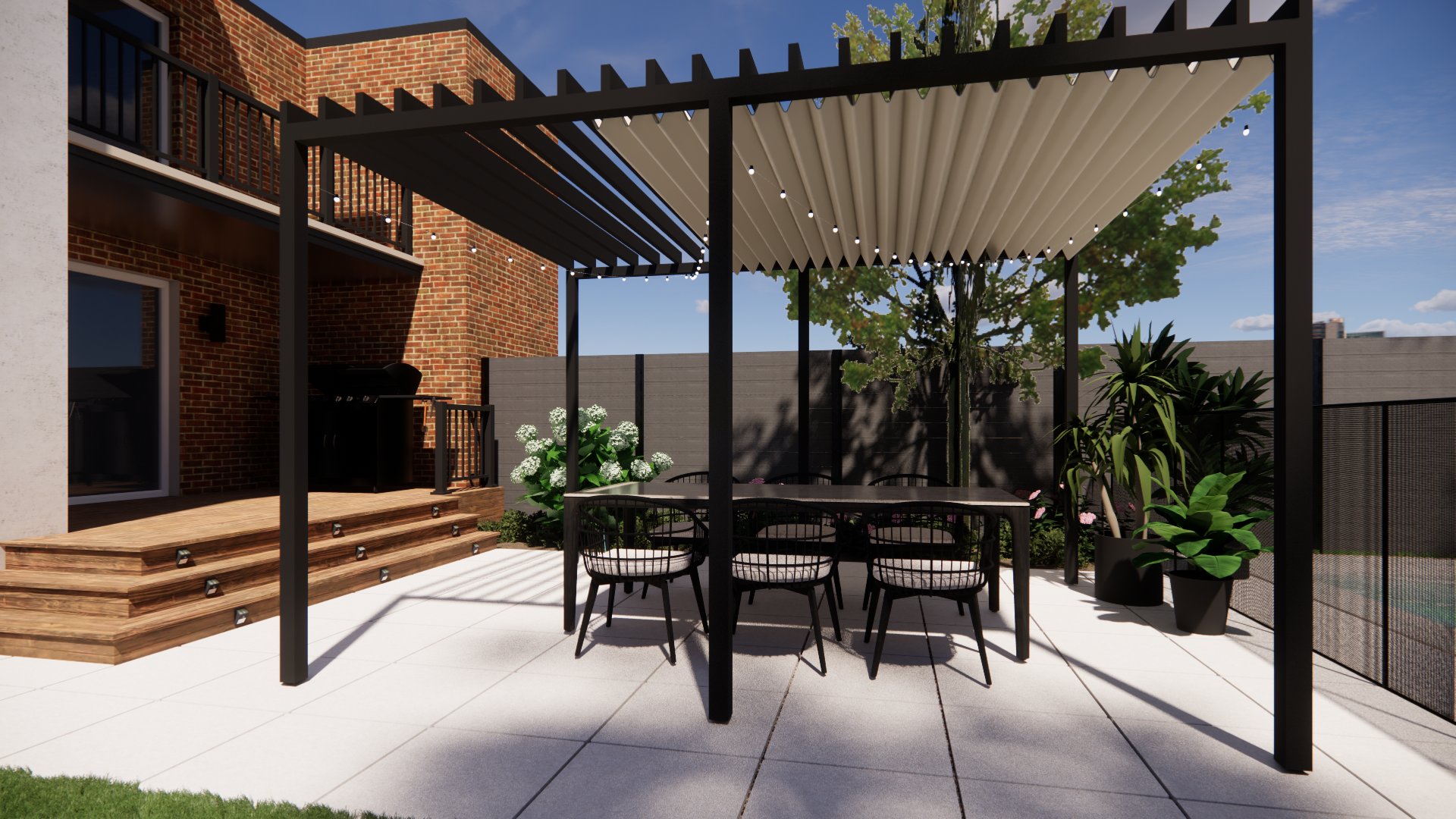 Terrasse extérieure avec pergola noire, table et chaises de salle à manger, bâtiment en briques en arrière-plan.