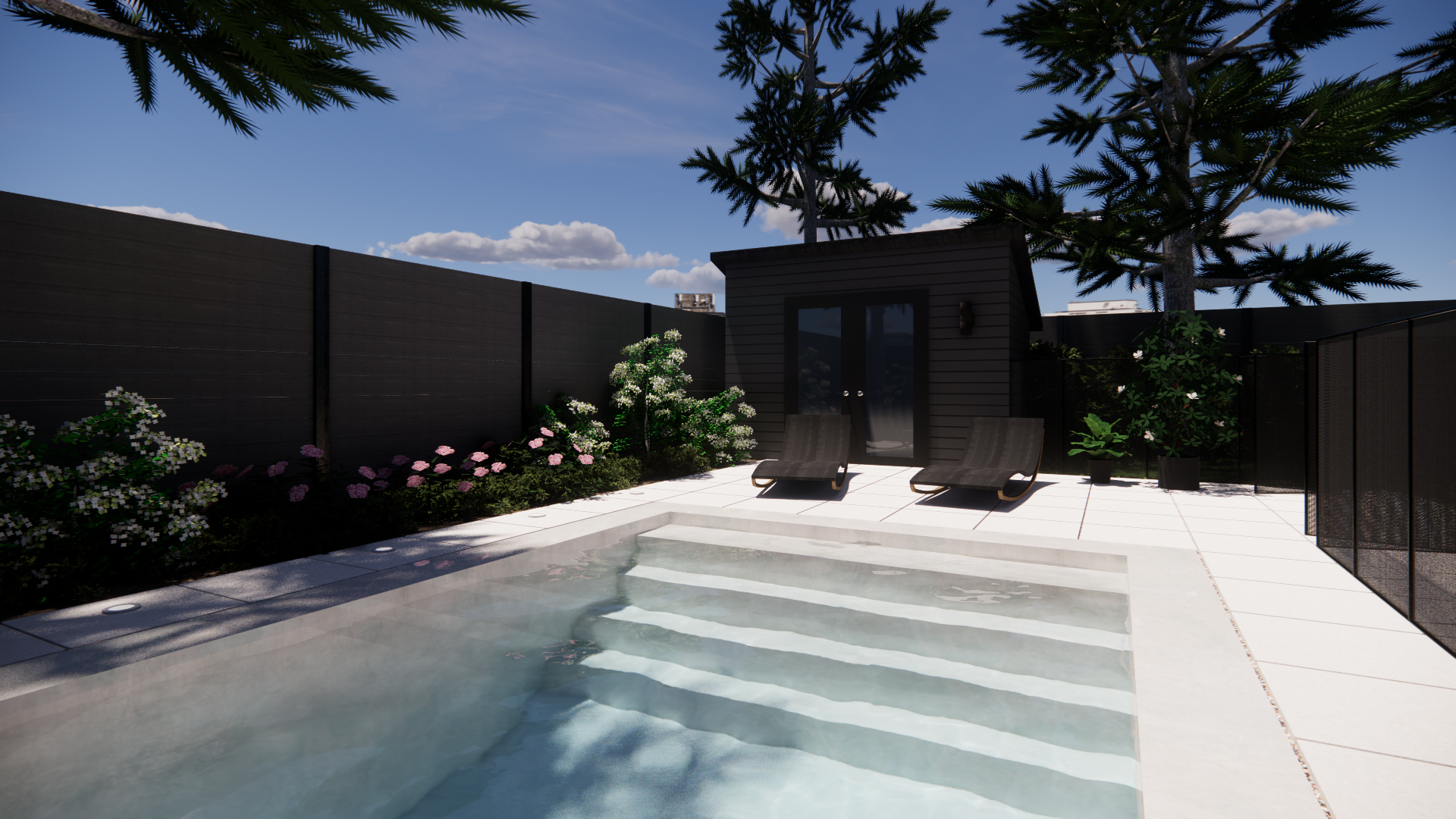 Un jardin avec piscine, terrasse et abri de jardin, le tout entouré de verdure.