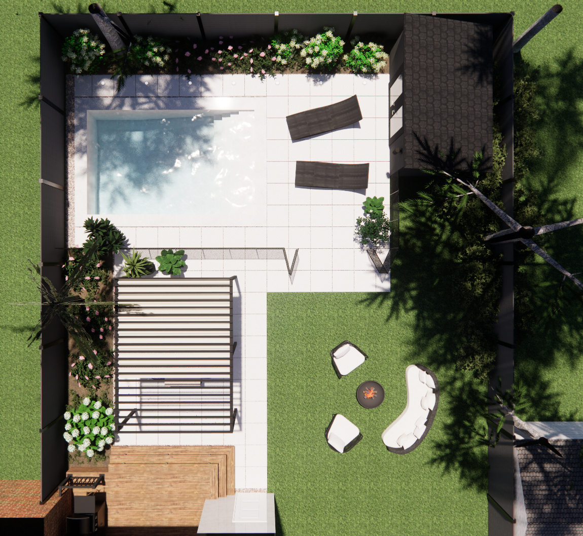 Vue aérienne d'un jardin moderne avec piscine, chaises longues, foyer extérieur et aménagement paysager.