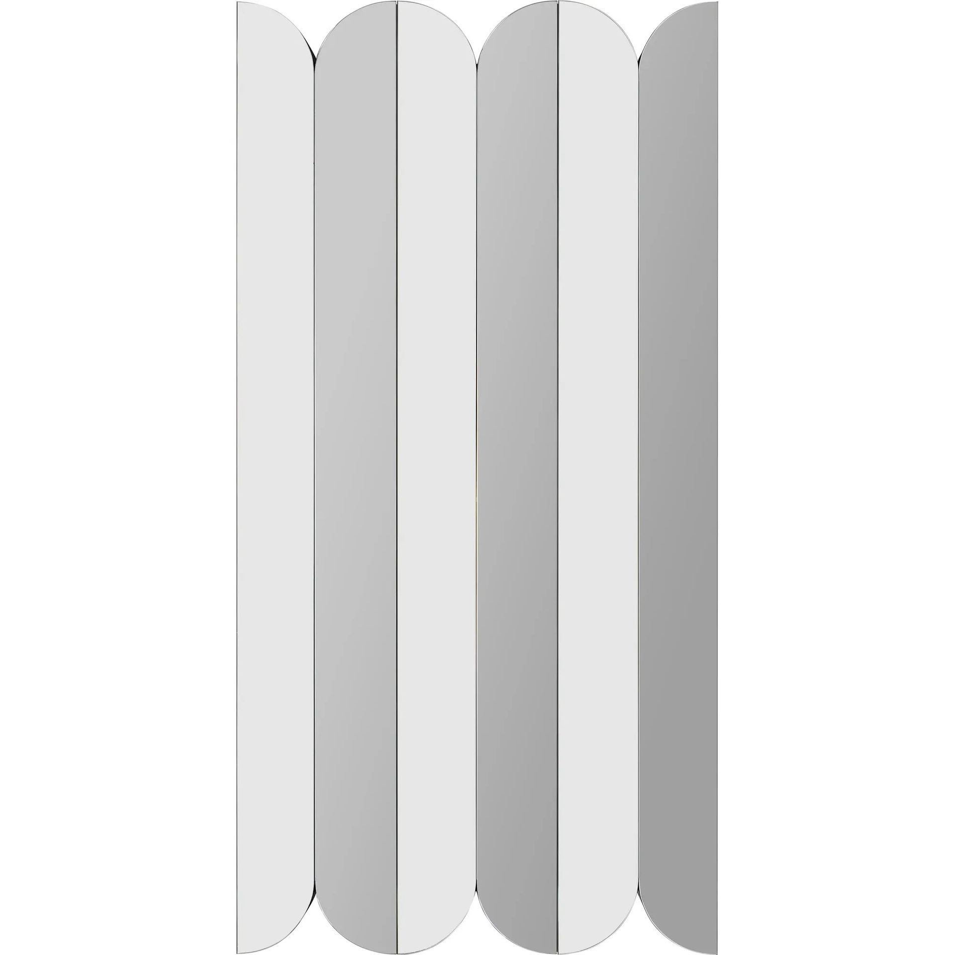 Paravent à quatre panneaux aux nuances de gris alternées. Panneaux supérieurs et inférieurs verticaux et arrondis.