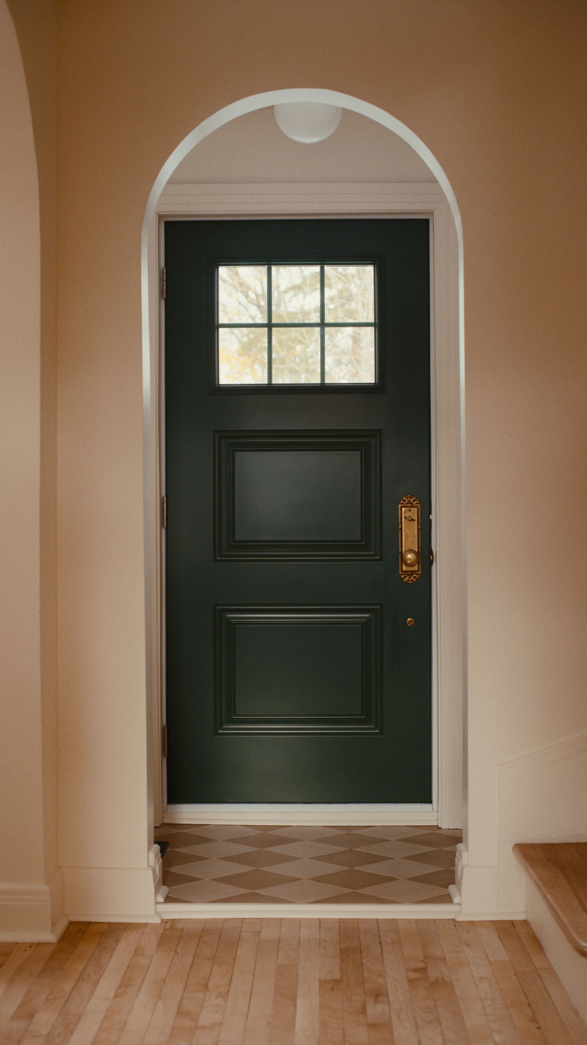 Porte verte vitrée dans une entrée cintrée beige, avec parquet clair.