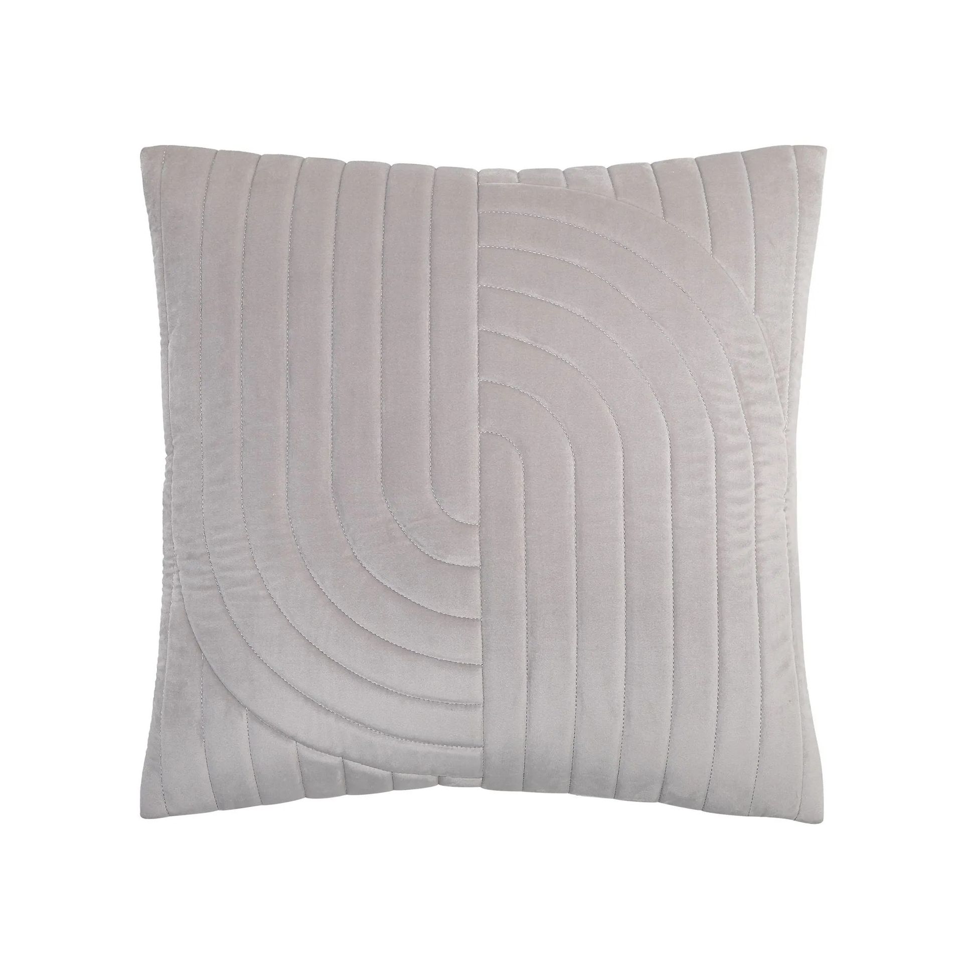 Coussin carré gris à motif géométrique matelassé.
