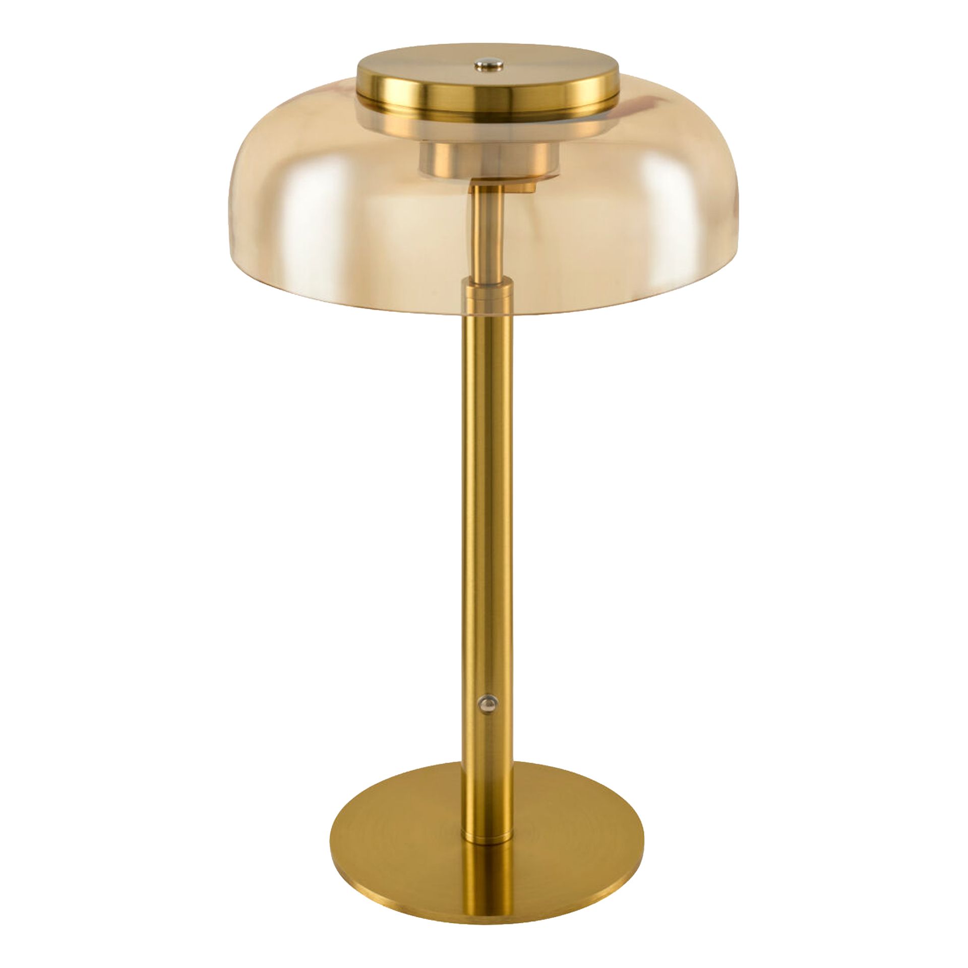 Lampe de table dorée avec un abat-jour ambré en forme de champignon.