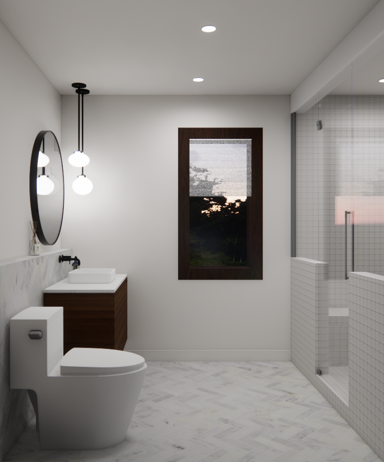 Salle de bains moderne avec meuble-lavabo en bois foncé, toilettes et douche avec portes vitrées. Murs blancs et sol en marbre.