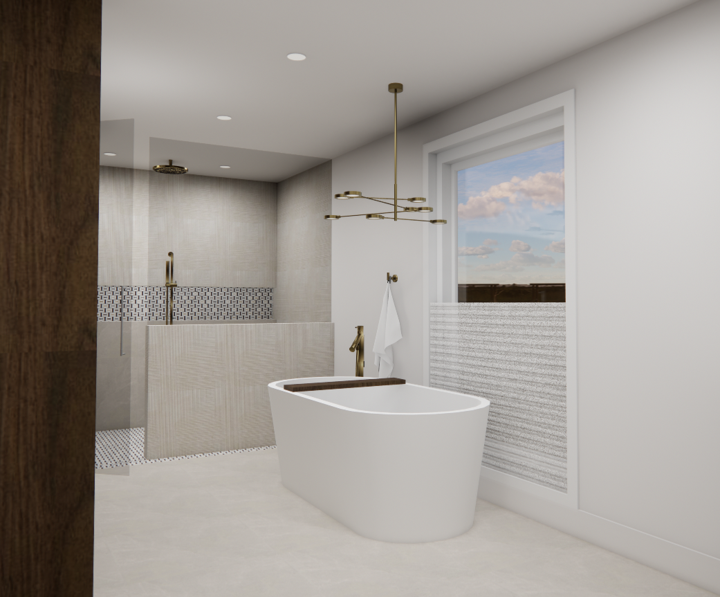 Salle de bains moderne avec baignoire îlot blanche, douche et fenêtre avec vue.