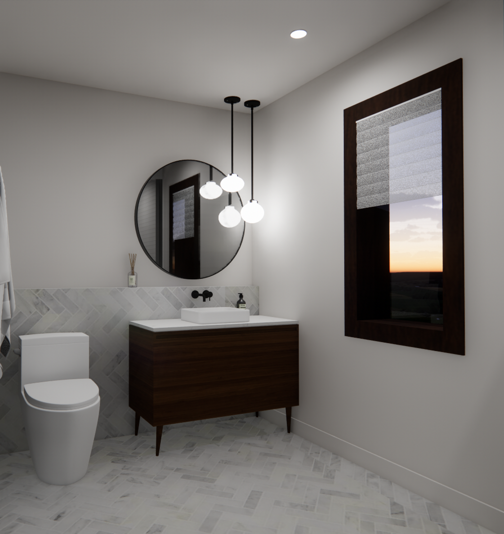Salle de bains avec meuble-lavabo en bois foncé, miroir rond et suspensions lumineuses. Une fenêtre offre une vue sur le coucher du soleil.