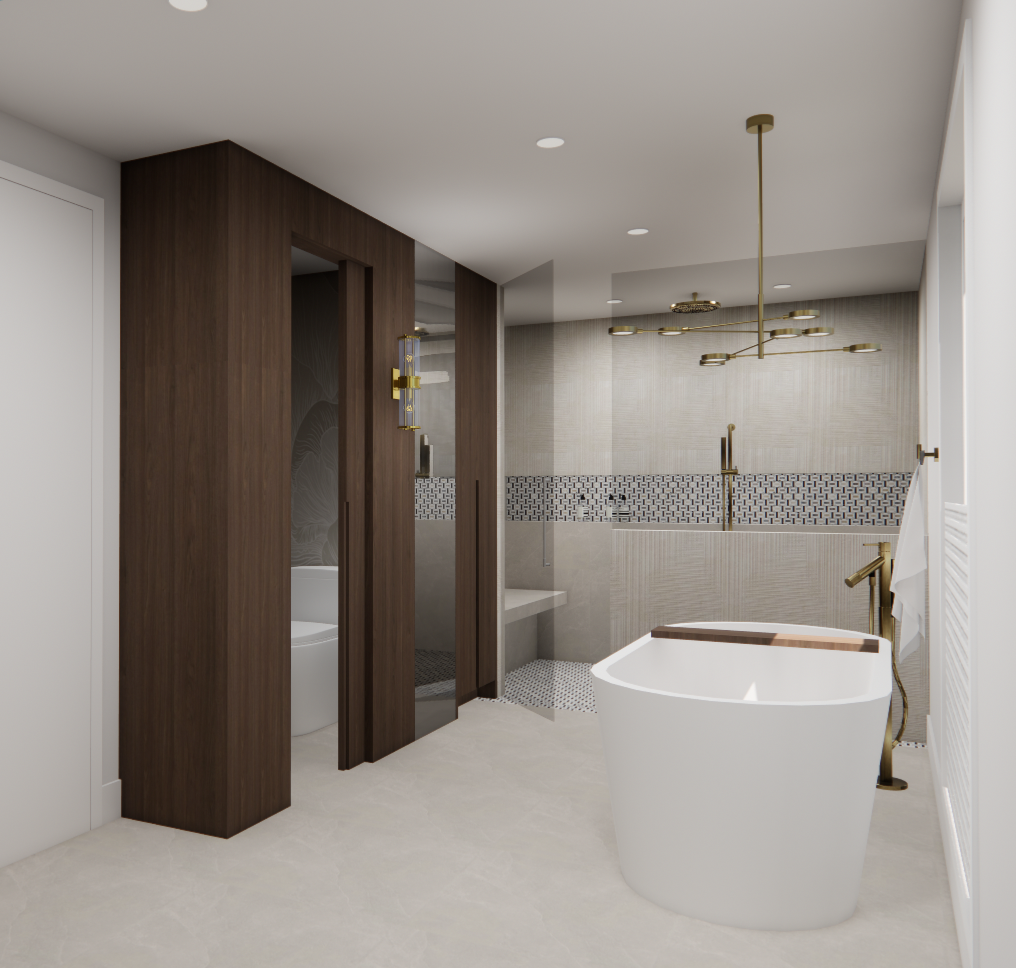 Salle de bains moderne avec baignoire blanche, douche et meubles en bois foncé.