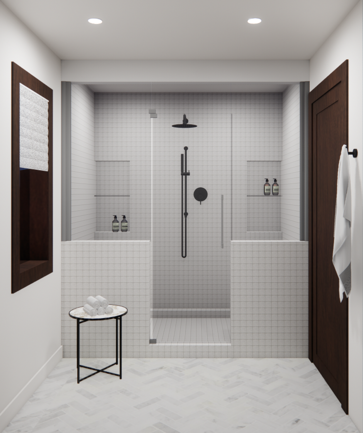 Salle de bains moderne avec douche à l'italienne. Murs carrelés blancs, porte en verre, robinetterie foncée.