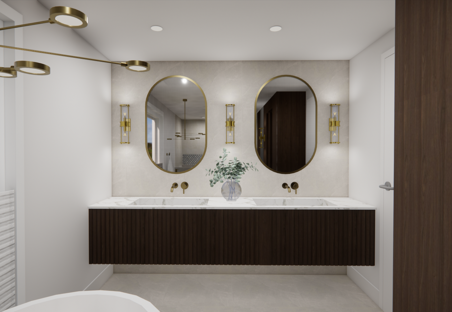 Salle de bains moderne avec meuble-lavabo suspendu marron foncé, miroirs ovales et robinetterie dorée.