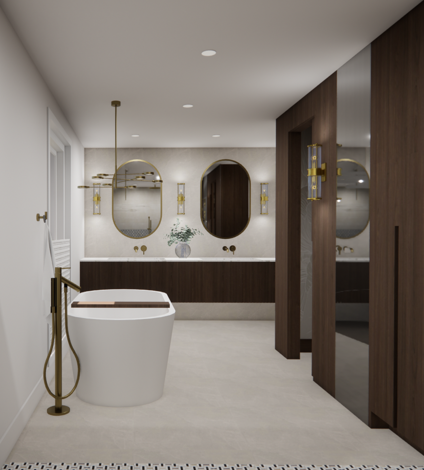 Salle de bains moderne avec baignoire blanche, meuble-lavabo en bois foncé, miroirs ovales et robinetterie dorée.