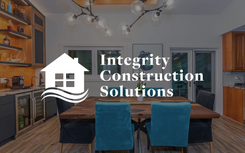 Logo overlay on interior dining area: white house, waves, text 