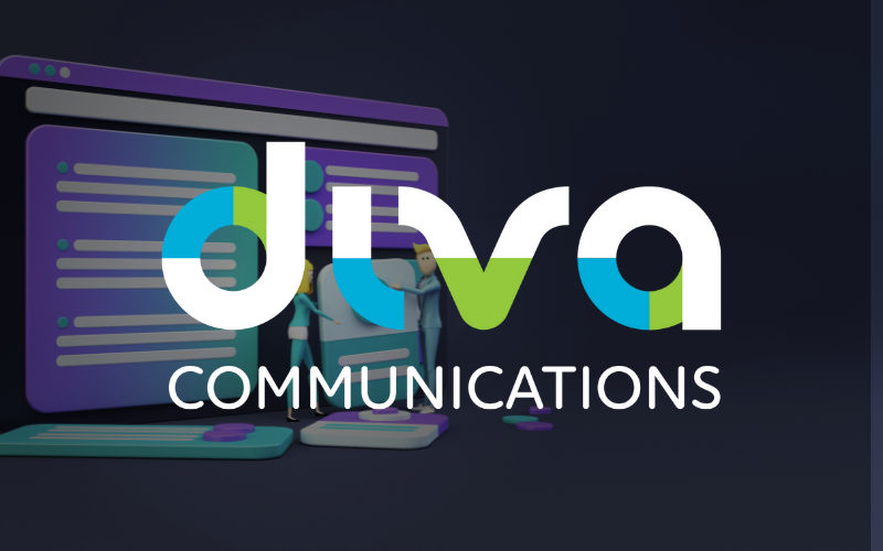 Diva Communications logo with a teal, green, and white design on a dark background with a 3D desktop illustration.
