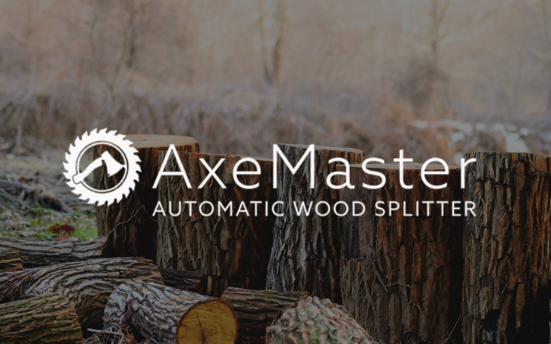 AxeMaster logo on a background of split logs in a forest setting.