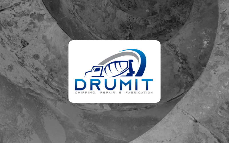 Logo for DRUMIT: Blue and white logo with a concrete mixer truck, 