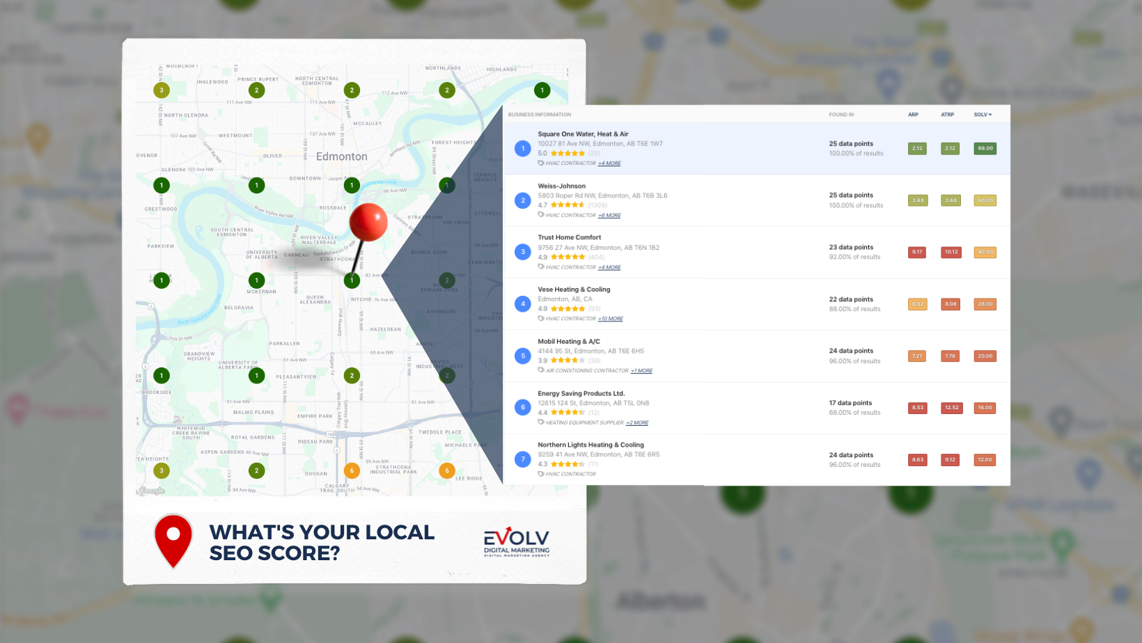 Map with pin, showing nearby businesses. Results panel displays business info.