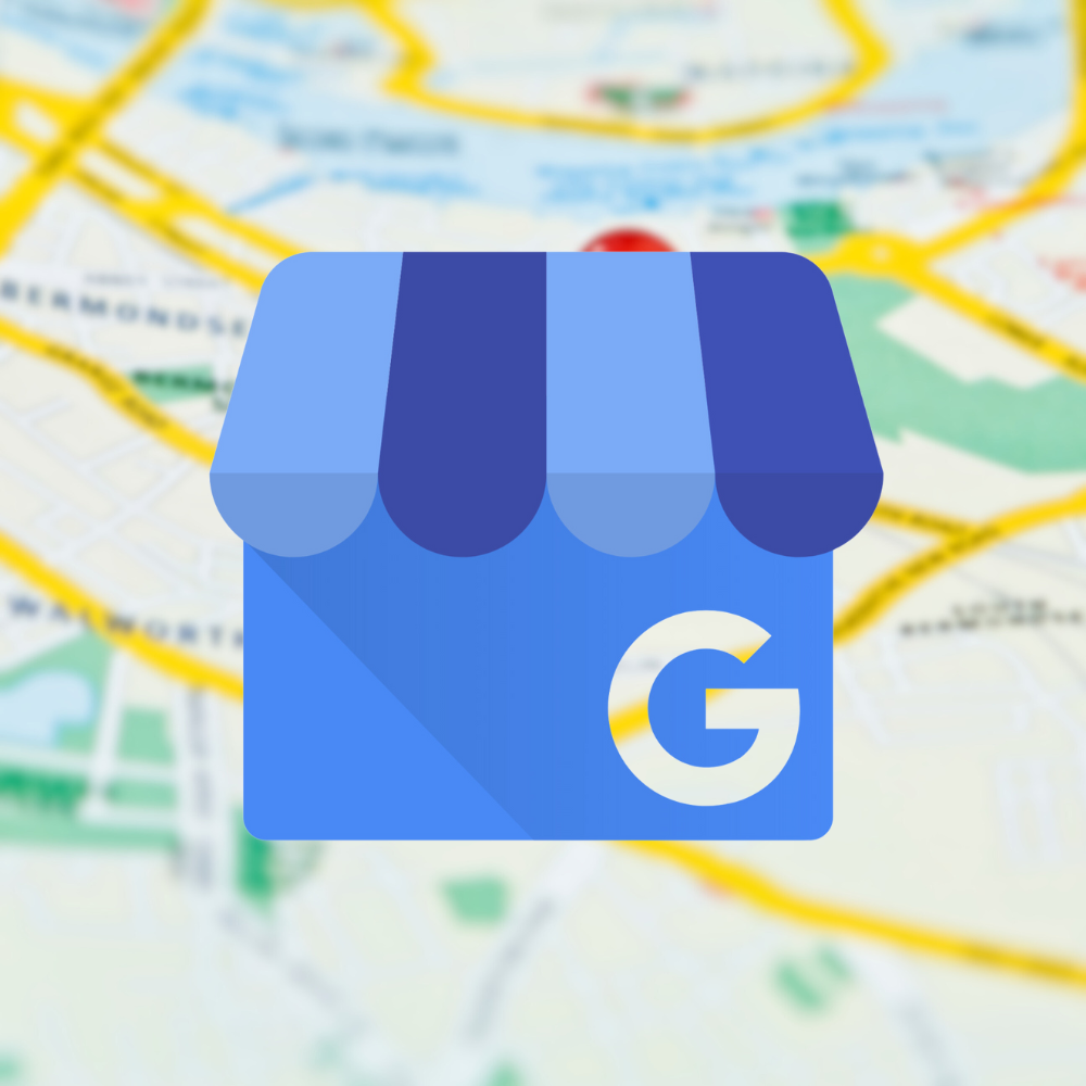 Google Business Profile icon over a blurred map, location pin.